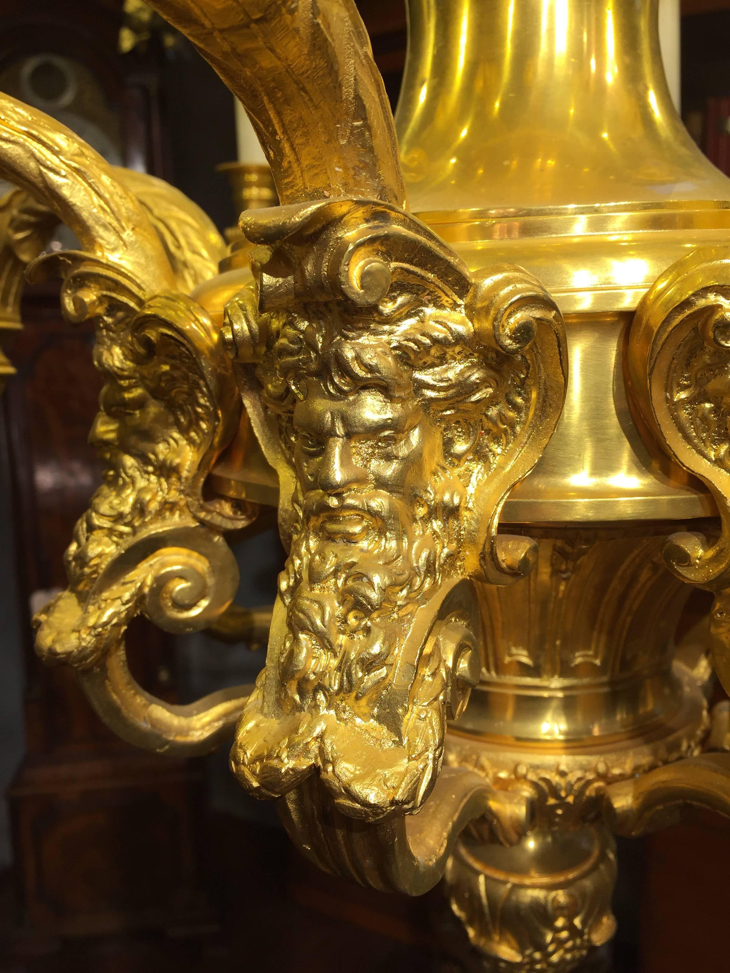 French Gilt Metal 16 Branch Two-Tier Chandelier in the Style of Andre Boulle