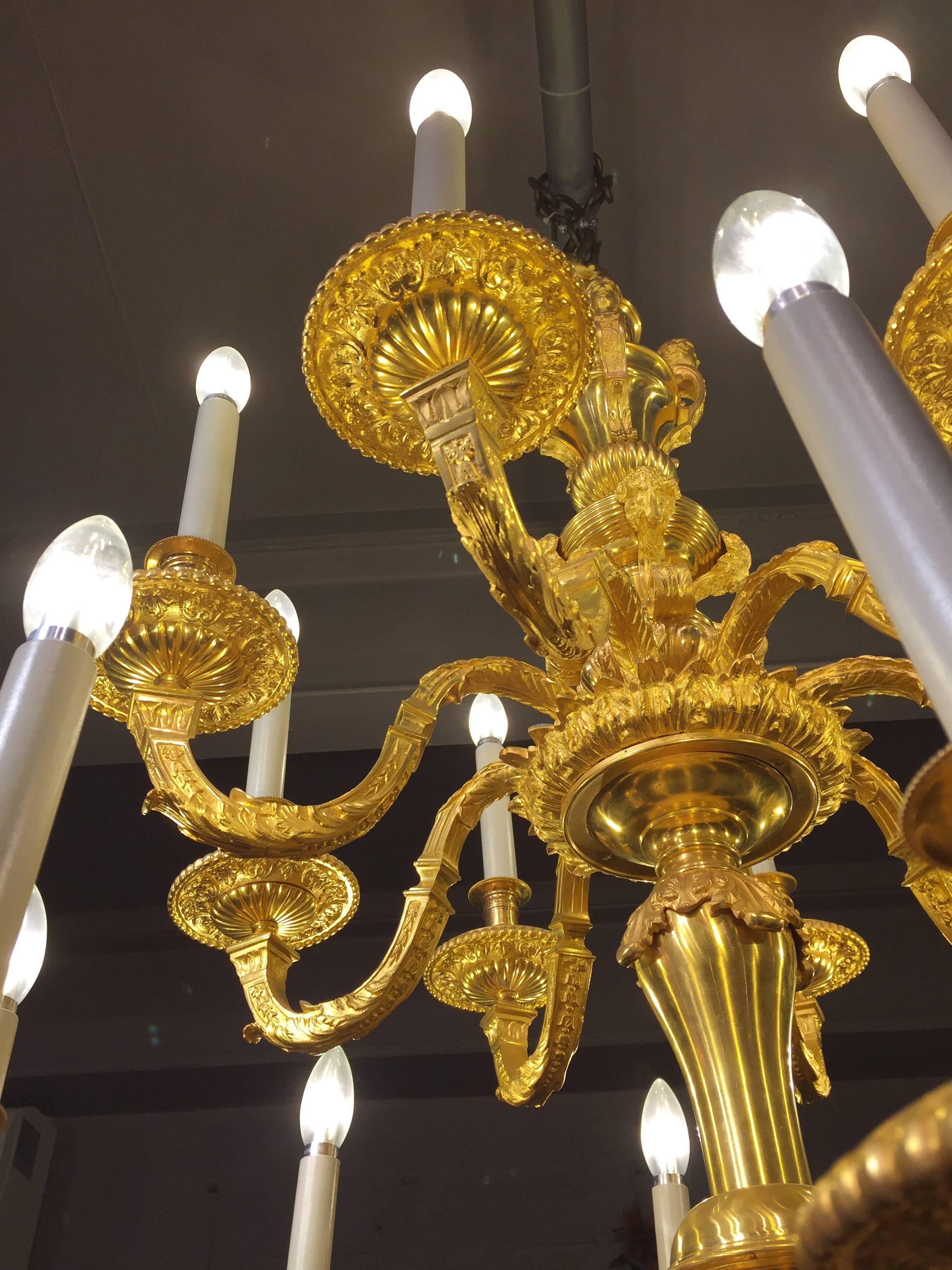 Gilt Metal 16 Branch Two-Tier Chandelier in the Style of Andre Boulle In Excellent Condition In London, GB