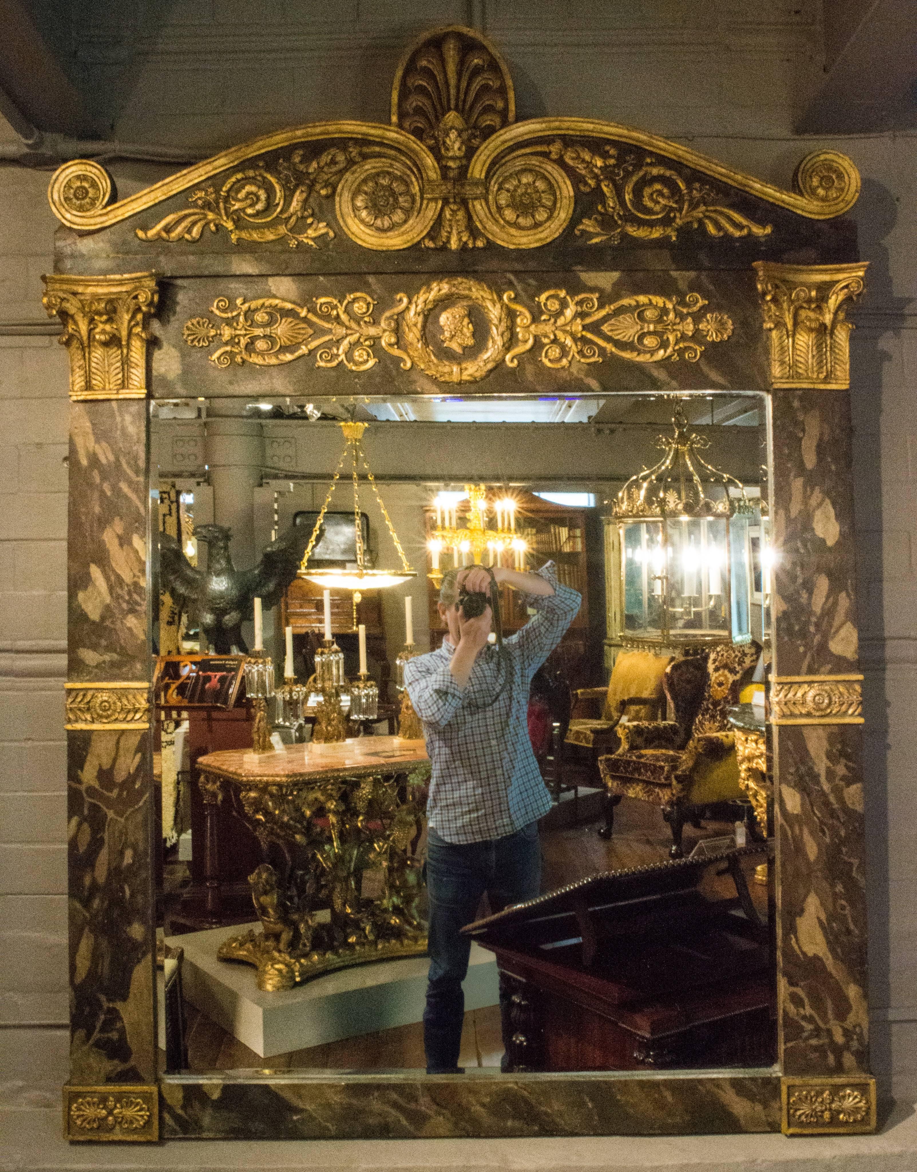 Italian Overmantle Mirror, Mid 19th Century, Empire Style, Faux Marble and Gilt  For Sale 5