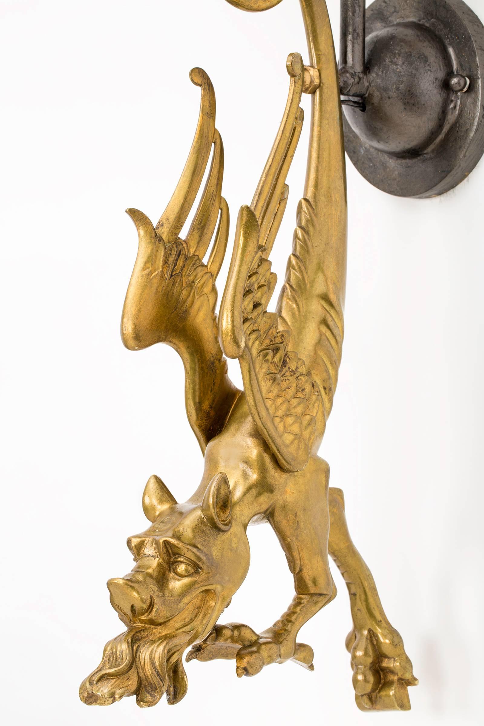 Pair of Gilt Bronze Griffin Dragon Wall Sconces In Excellent Condition In Summerland, CA