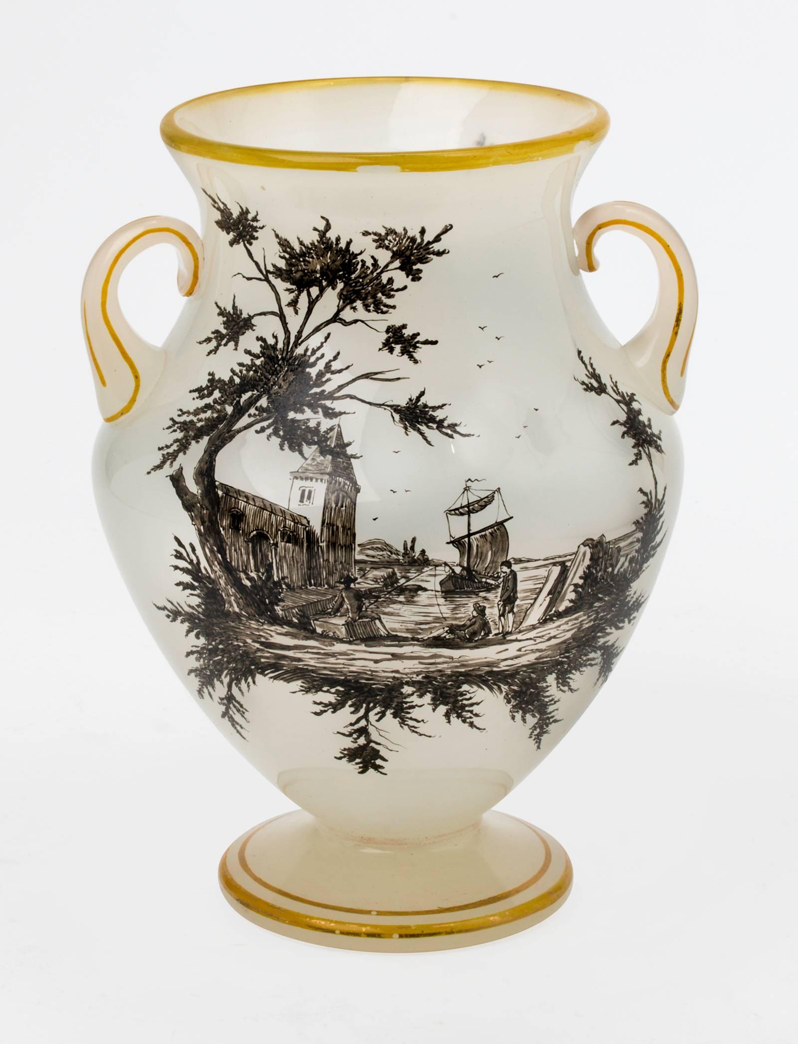 Fine Bohemian handblown "Schwarzlot" enameled glass vase, circa, 1830-1850. Classic amphora shape with applied ear handles and gilded foot ring. Masterfully decorated with scenes of an Italian fishing harbor-a bucolic portrayal of everyday