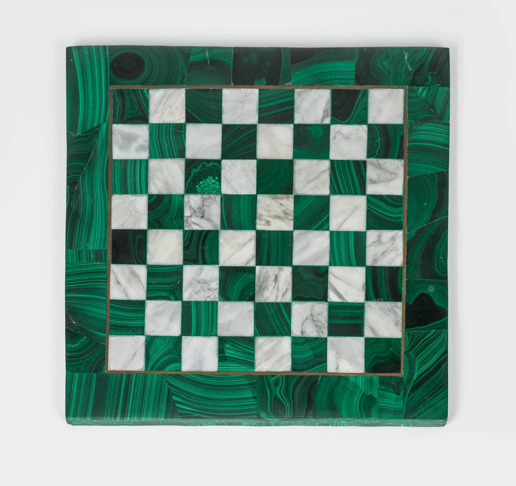 Vintage, 1950s. 14" square chess board made of beautiful green malachite stone contrasted with light gray marble stone. Bordered between with brass liner. In excellent condition.