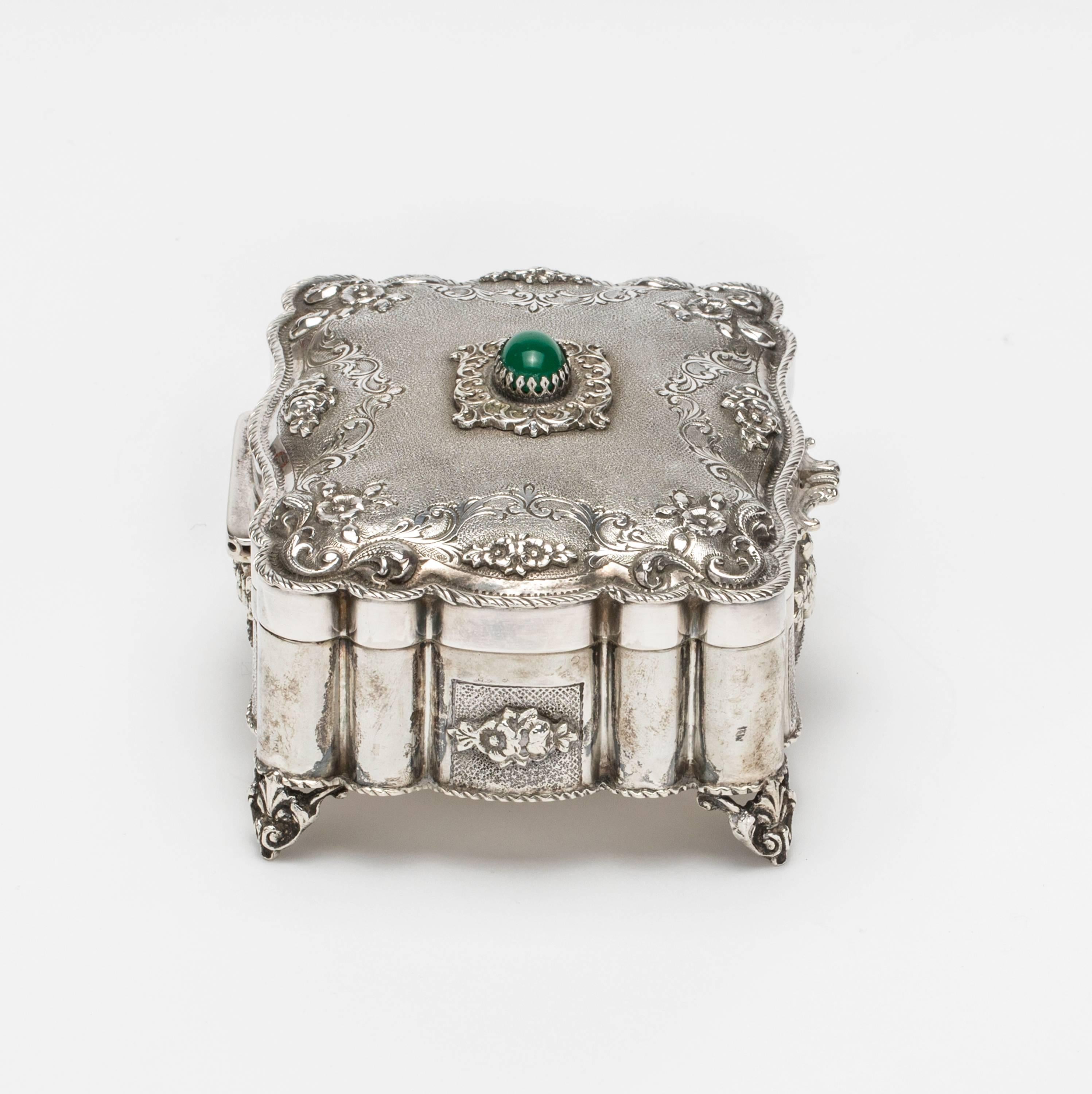 German Jewelry Box, 800 silver with Chalcedony Stone For Sale