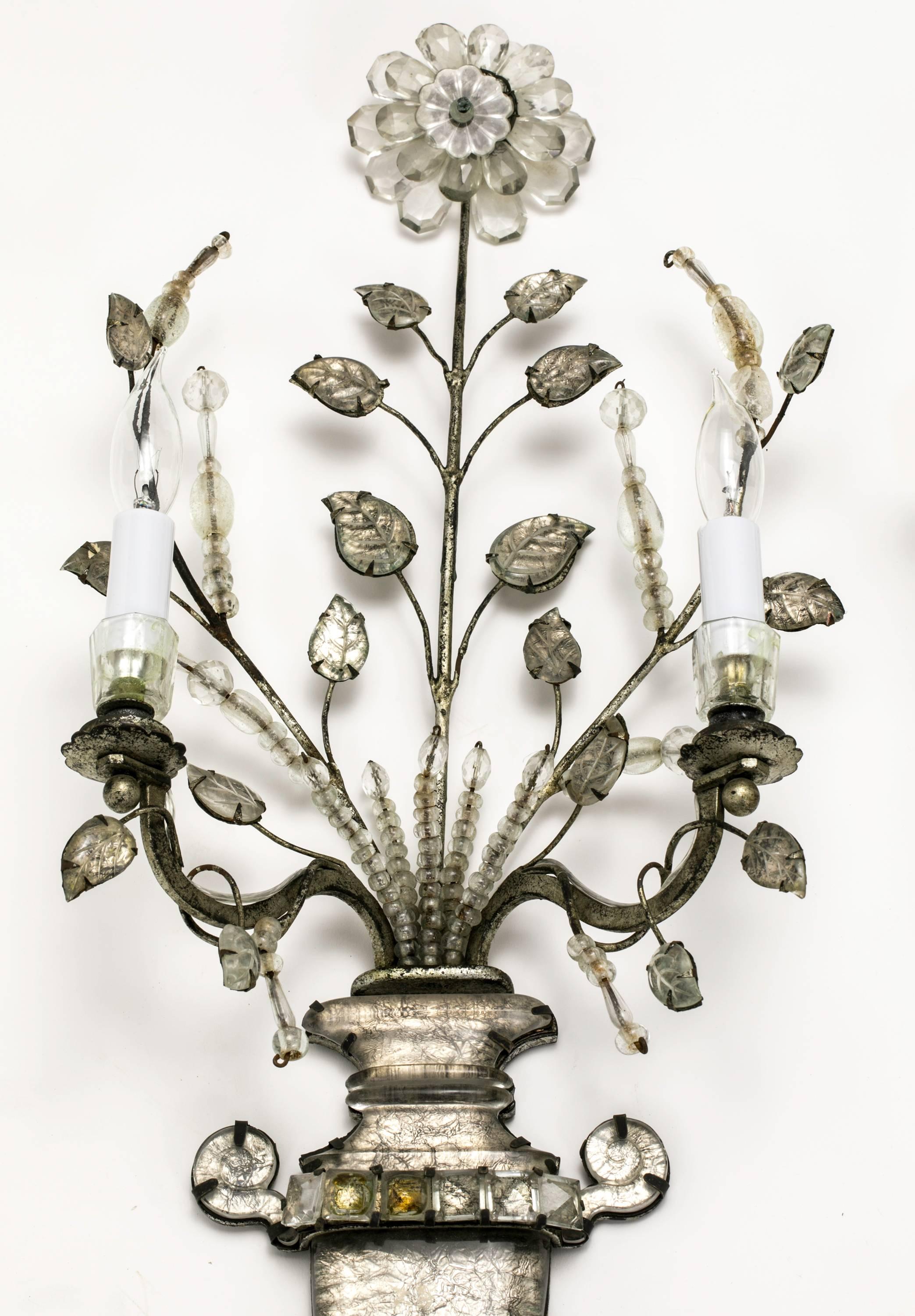 Louis XVI Antique Crystal Glass Wall Light Sconces, French Maison Baguès, Set of Four