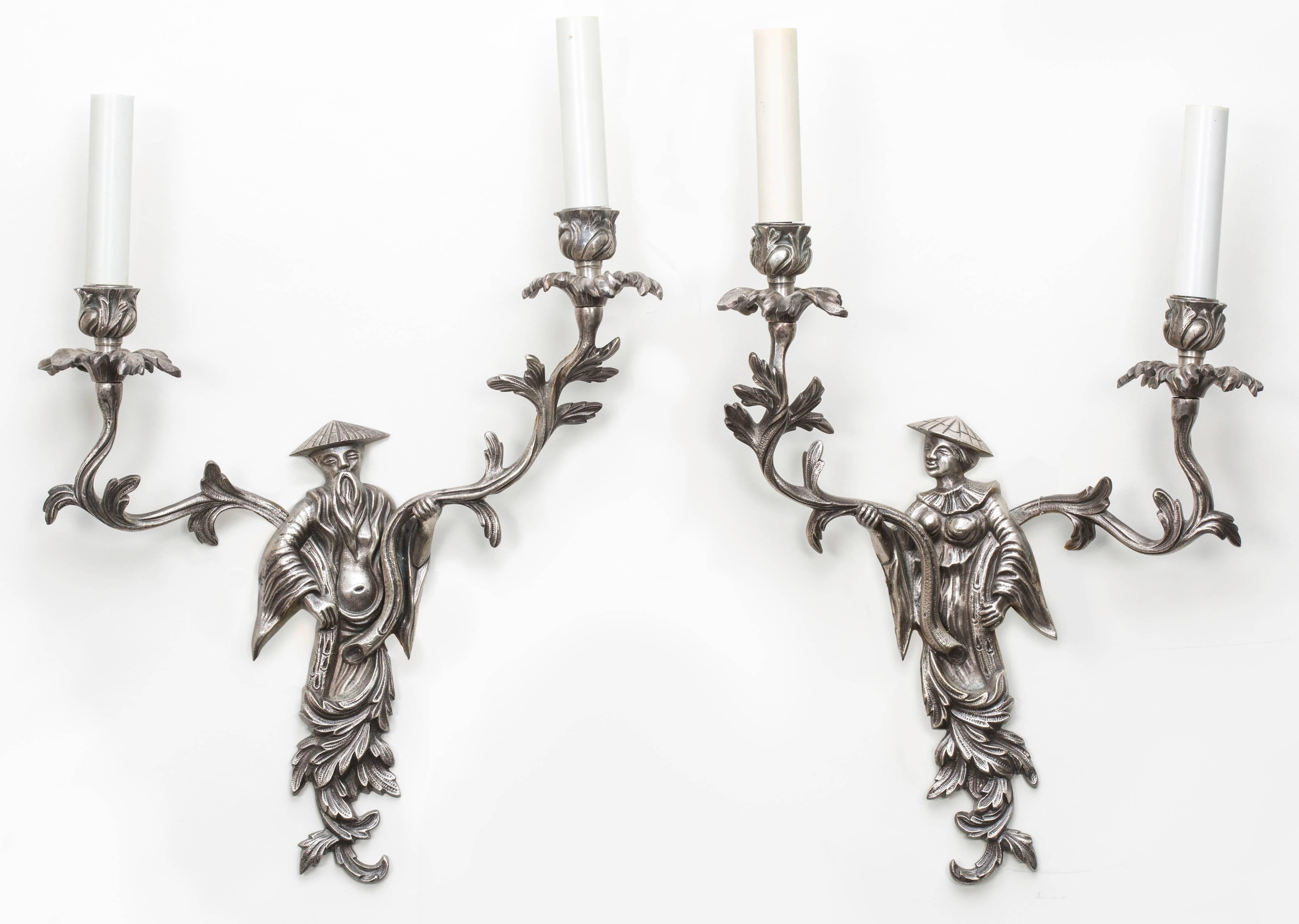 Vintage 1940s charming silver plated Chinoiserie figurine wall scones. 
 Proper pair.  Electrified, ready to install.