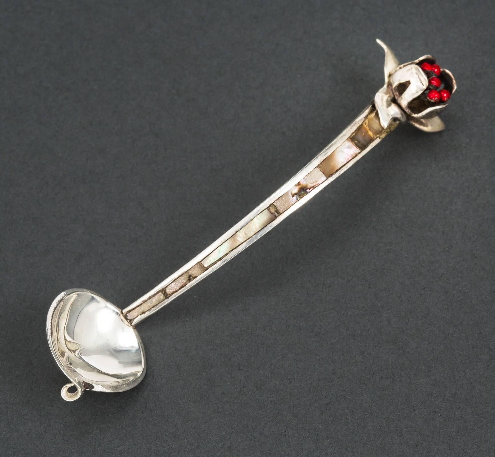 Abalone Los Castillo Silver Sugar Bowl and Spoon For Sale