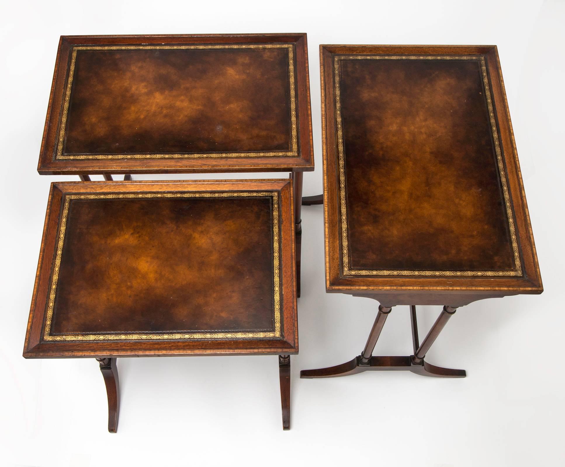 Early 20th Century Leather Top Nesting Tables Set of Three
