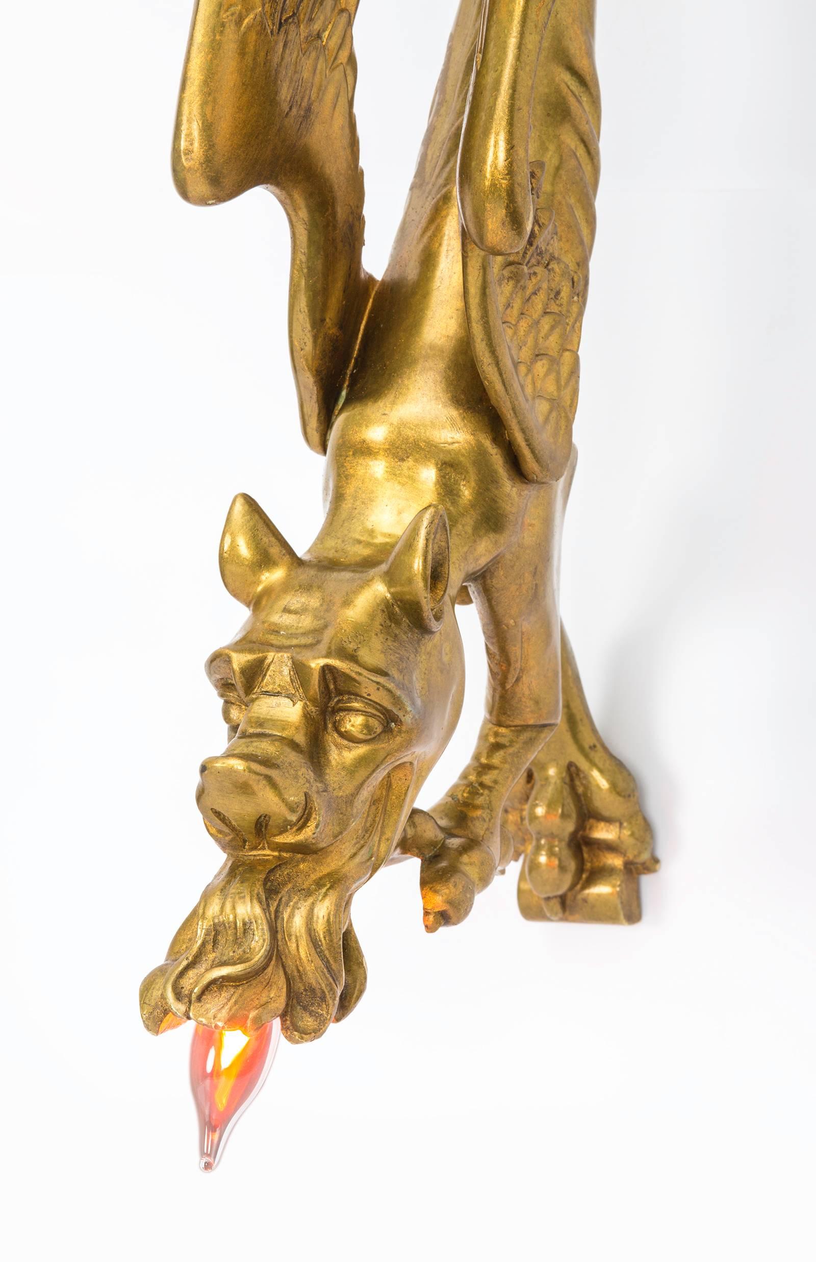 Early 20th Century Pair of Gilt Bronze Griffin Dragon Wall Sconces