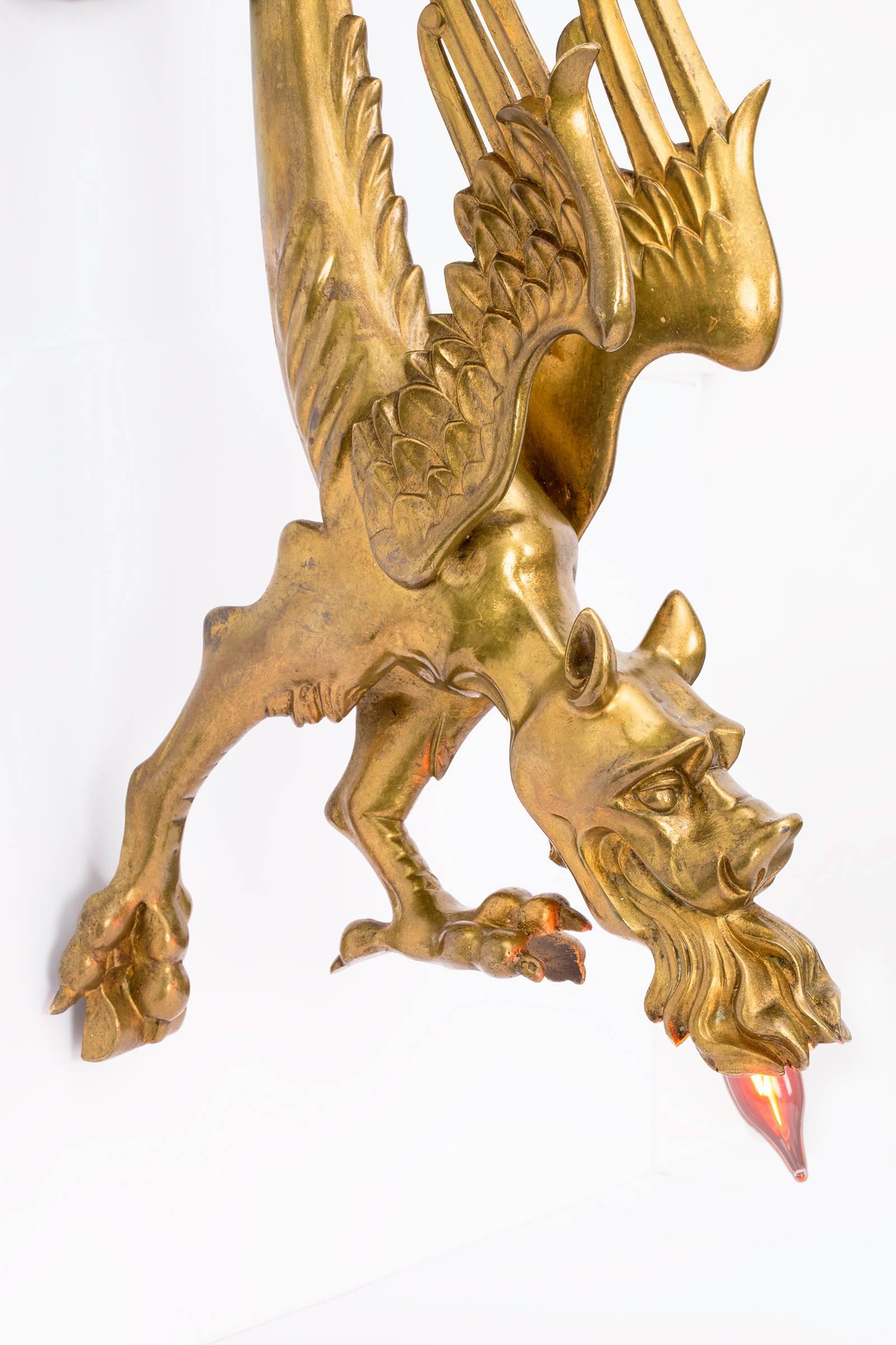 Pair of Gilt Bronze Griffin Dragon Wall Sconces 3