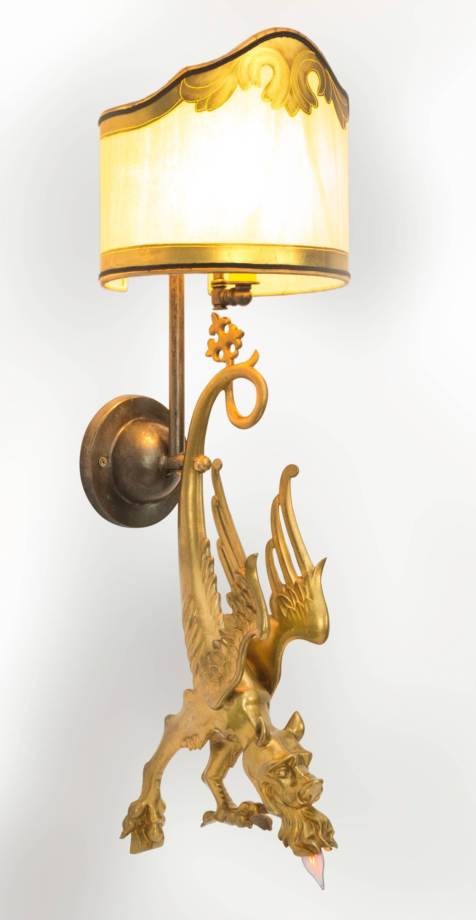 Pair of Gilt Bronze Griffin Dragon Wall Sconces 4