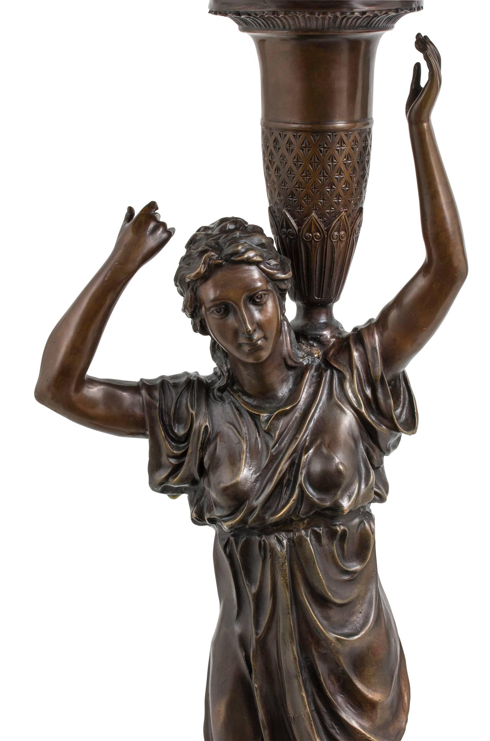 Beautiful antique bronze fern/plant stand signed A.Carrier(well-listed French artist Albert-Ernest Carrier-Belleuse, 1825-1887), circa 1850-1870. Portrays a young woman holding an urn on her shoulder. Note the detail in the draping, hands, feet and