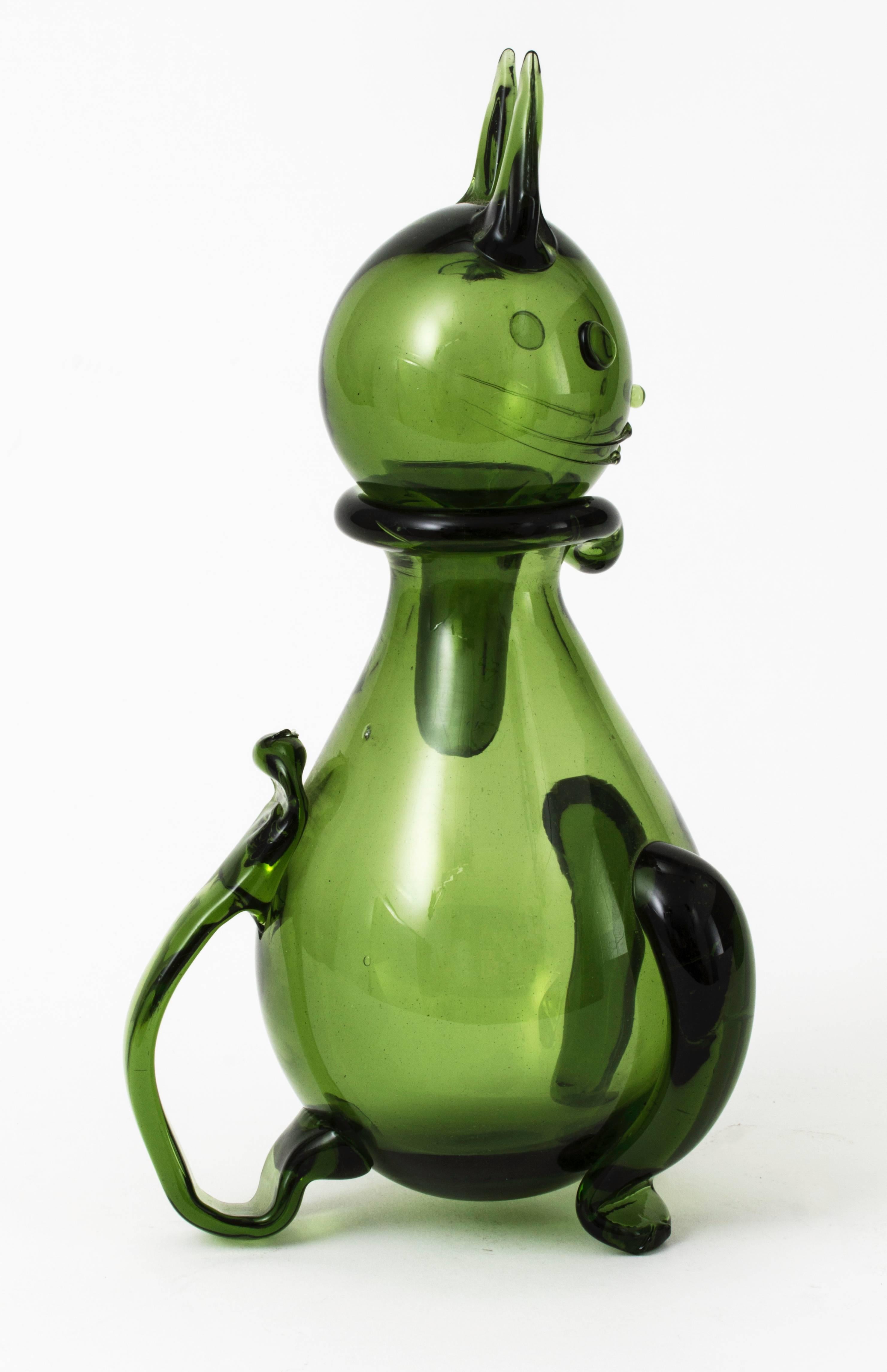 Hand-Crafted Emboli Verde Glass Cat Decanter