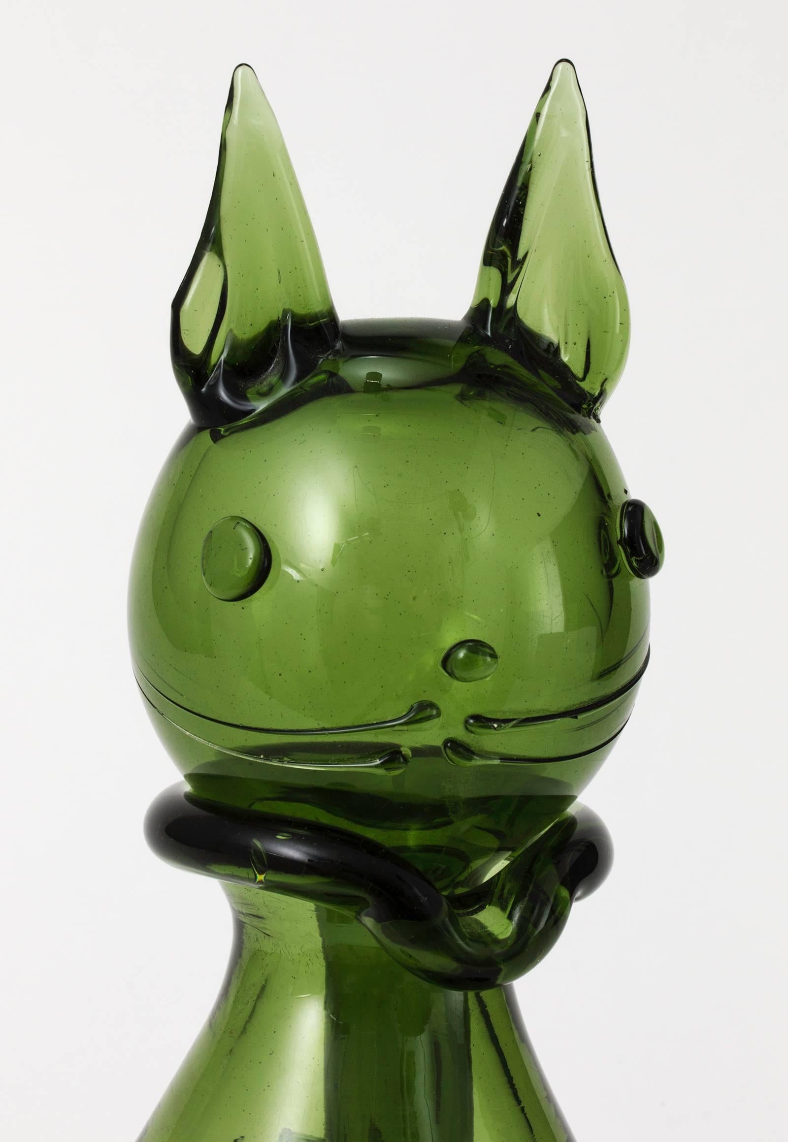 Art Glass Emboli Verde Glass Cat Decanter
