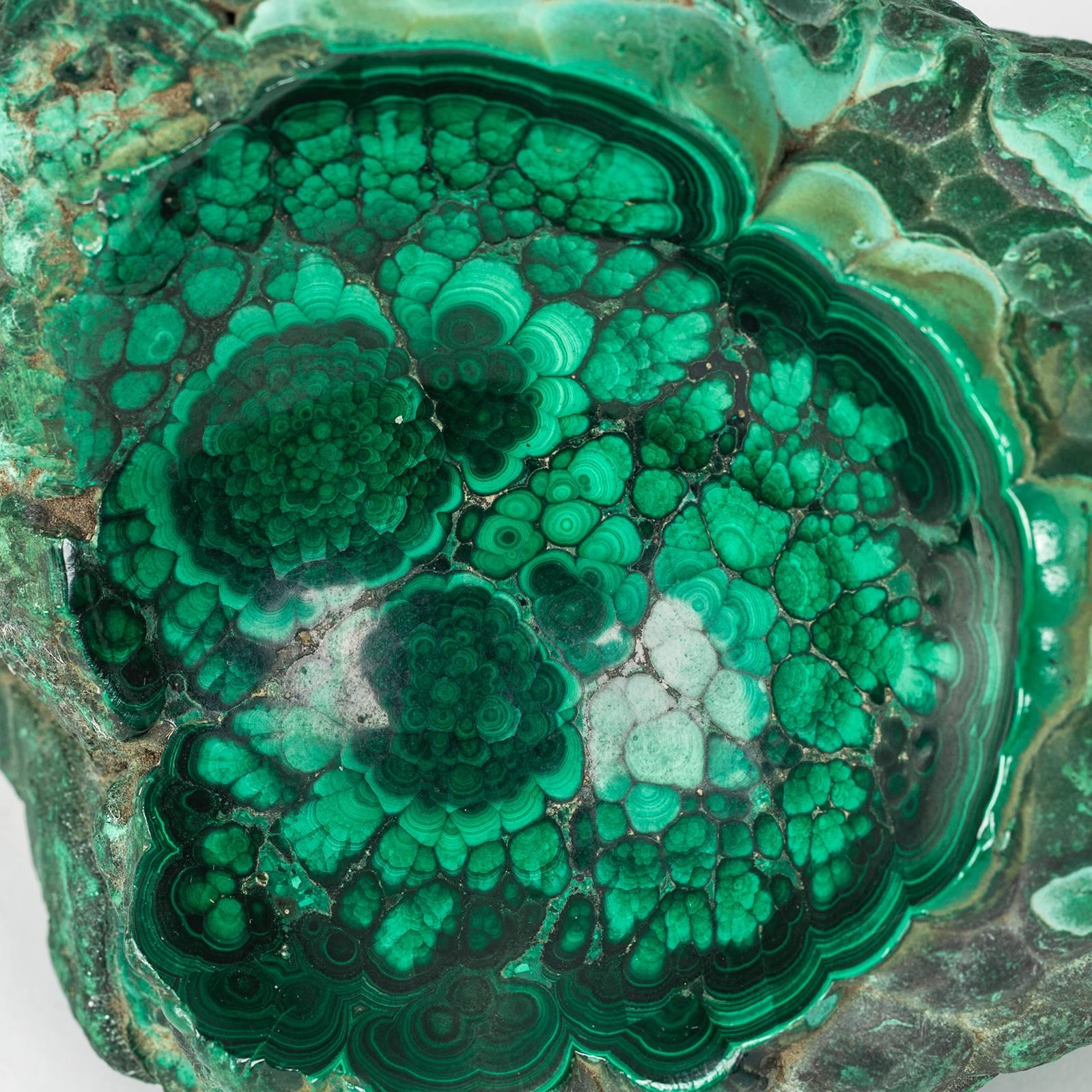 Large beautiful specimen of chunky malachite with polished carved scoop.
Nice contrast to natural unfinished base.