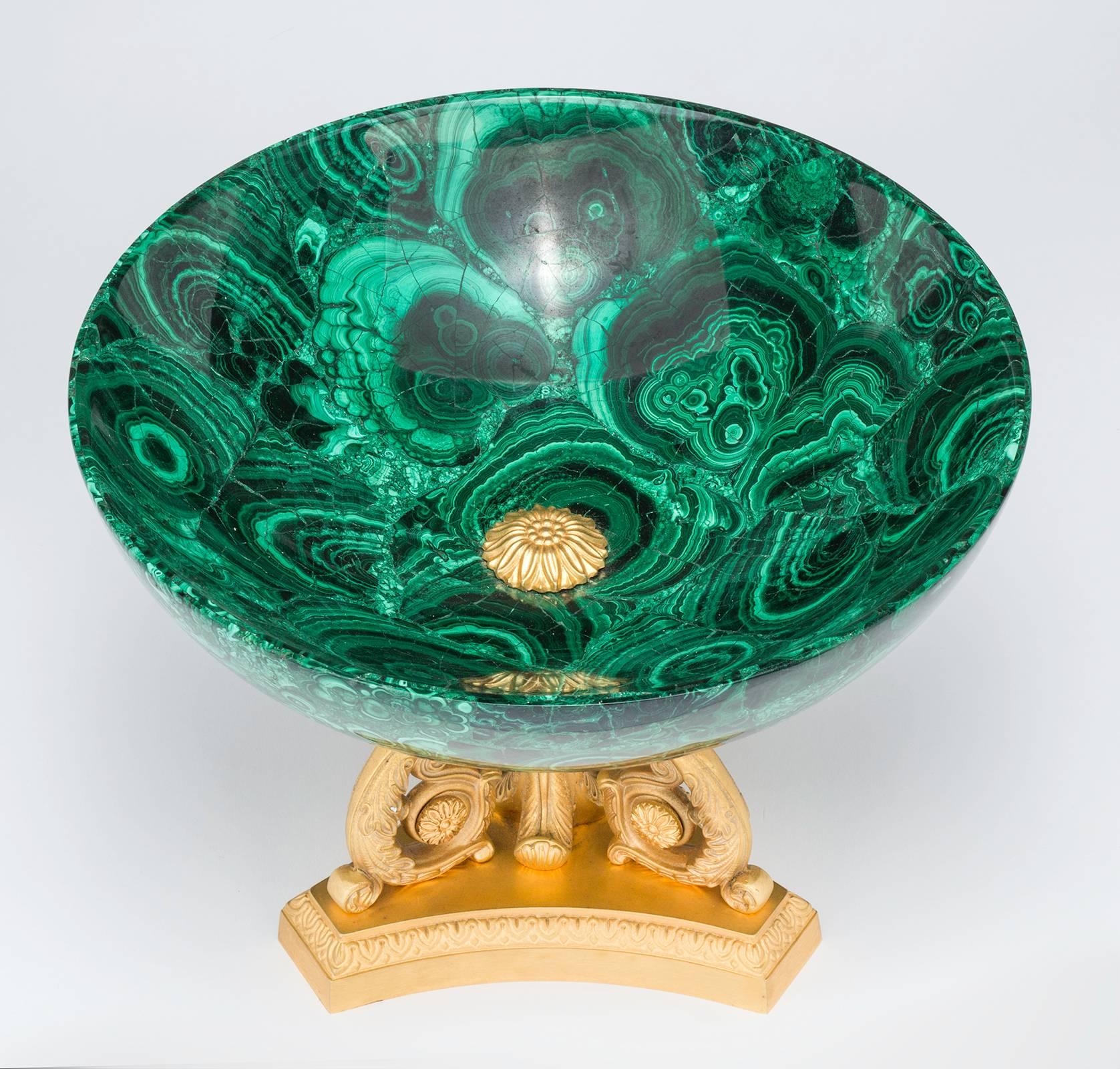 Carved Centerpiece, Malachite and Gilt Bronze Doré  Bowl For Sale