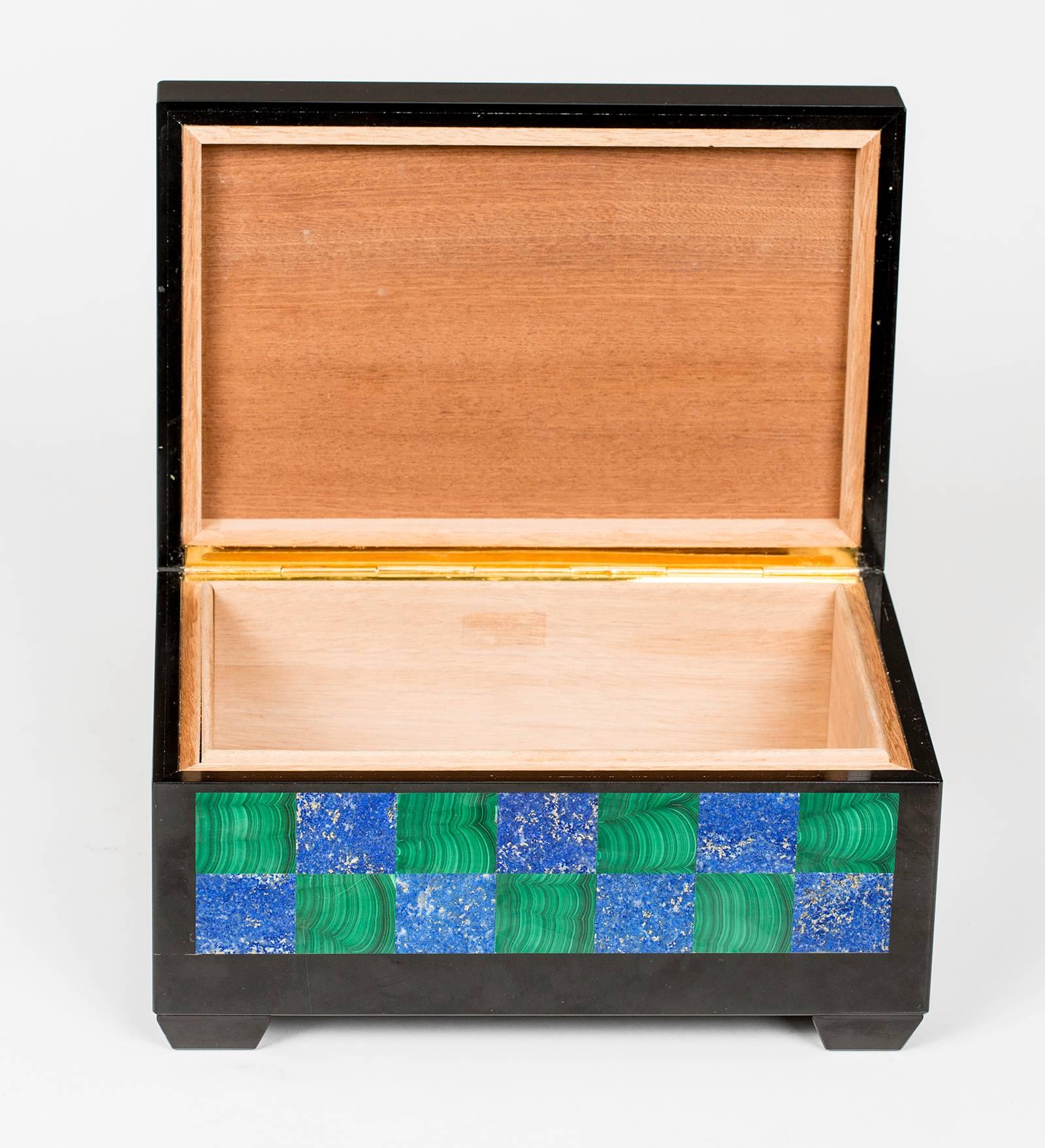 Hand-Crafted Jewelry Box, Malachite, Lapis and Onyx Box For Sale