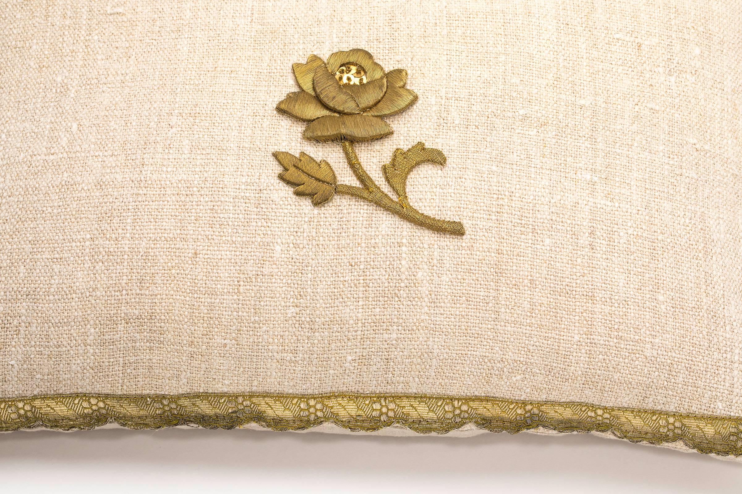 Pillow, Antique Metallic Gold and Vintage Linen  For Sale 1