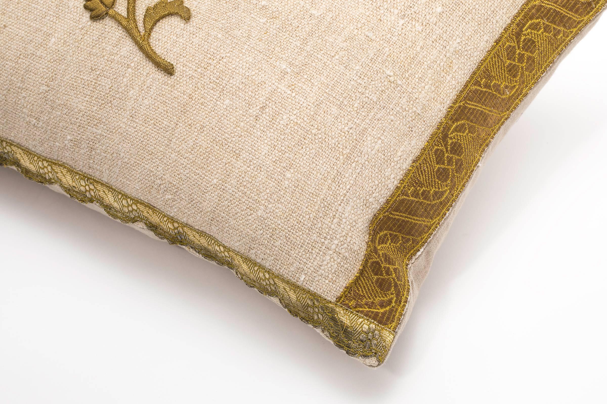 Pillow, Antique Metallic Gold and Vintage Linen  For Sale 2
