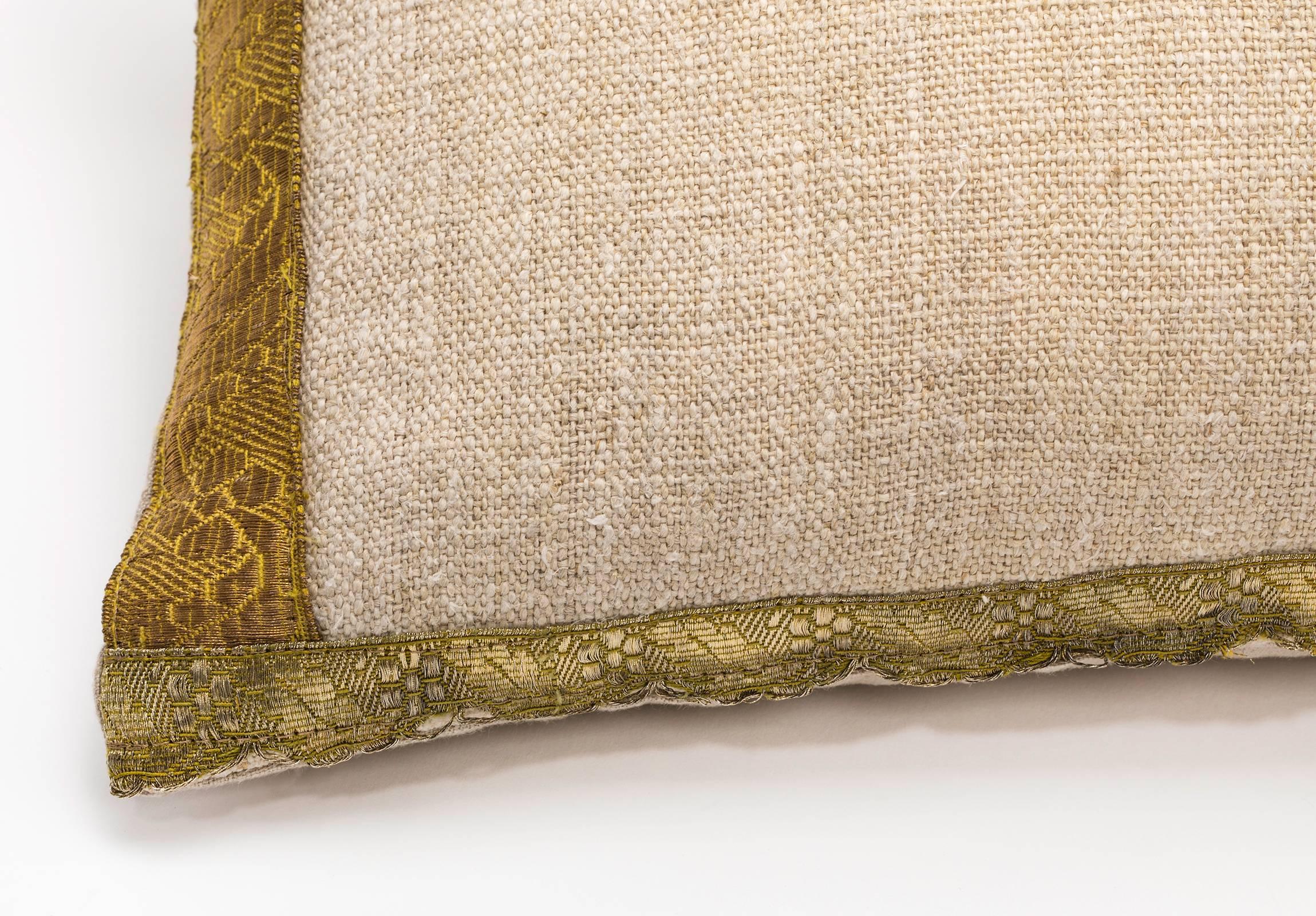 Pillow, Antique Metallic Gold and Vintage Linen  For Sale 4