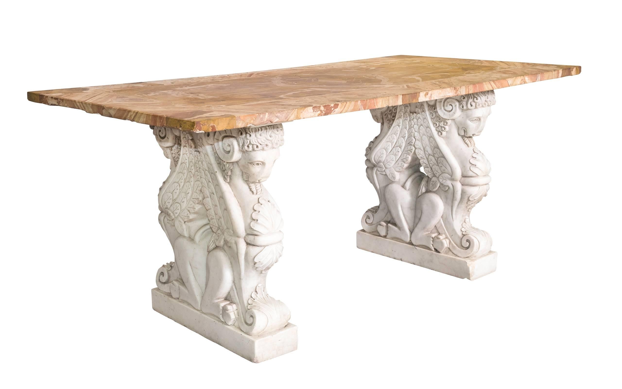 Italian Carved Marble Rams Base, Sienna Stone Table In Excellent Condition In Summerland, CA