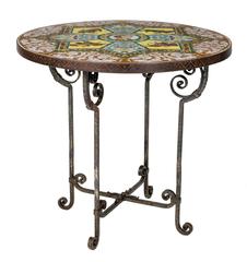 Antique Round Iron Pedestal Tile Top Table, Spanish Bull Fighters,  