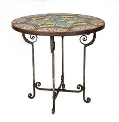 Round Iron Pedestal Tile Top Table, Spanish Bull Fighters,