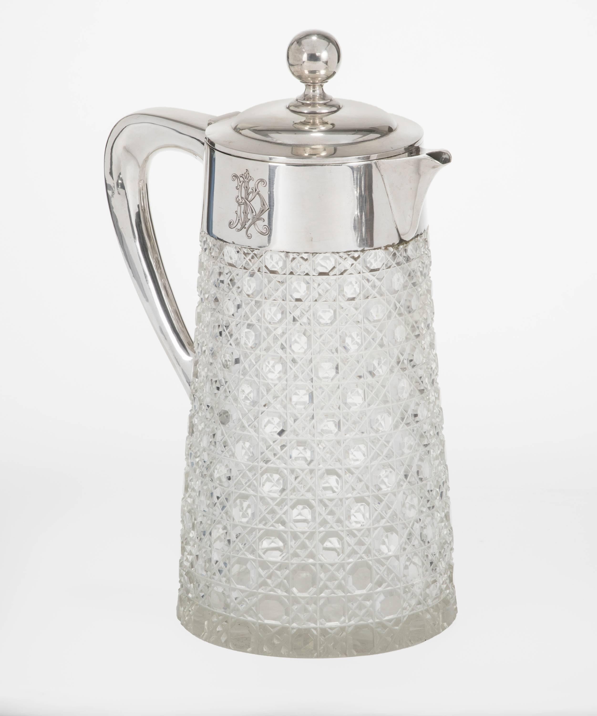 Claret Jug Pitcher, 800 German Sterling Silver And Crystal In Good Condition For Sale In Summerland, CA
