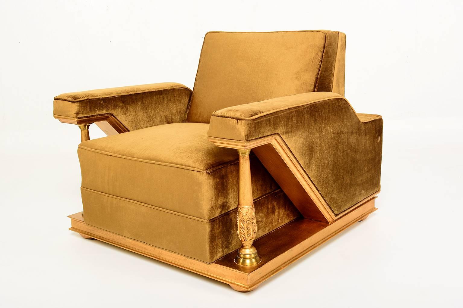 For your consideration a pair amazing chairs designed by Octavio Vidales for Muebles Johrvy. 

Solid mahogany wood frame finished in gold leaf with bronze supports on the front with bonze casters. 

New upholstery y sage/ olive green velvet.