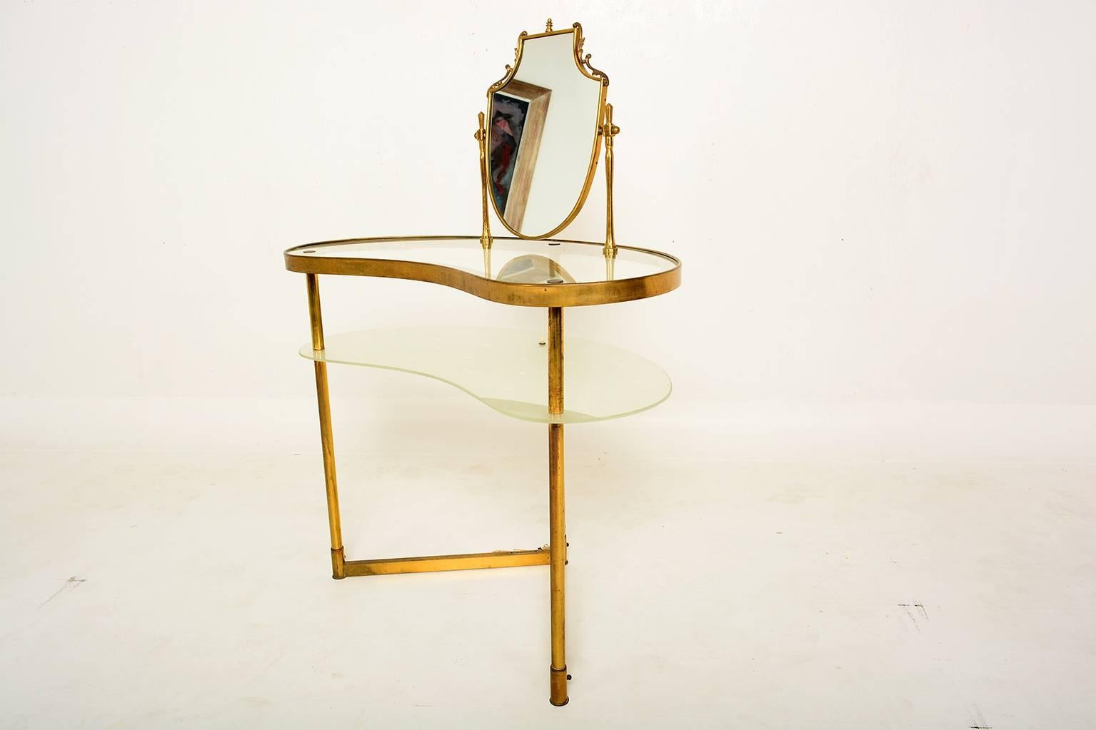 Mid-Century Modern Sculptural MId-Century Modern Italian Vanity With Mirror in Brass & Glass
