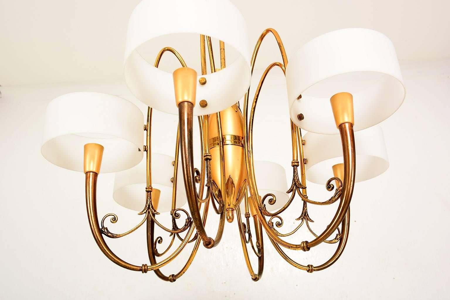 Italian Sculptural Brass Chandelier with Opaline Glass In Good Condition In Chula Vista, CA