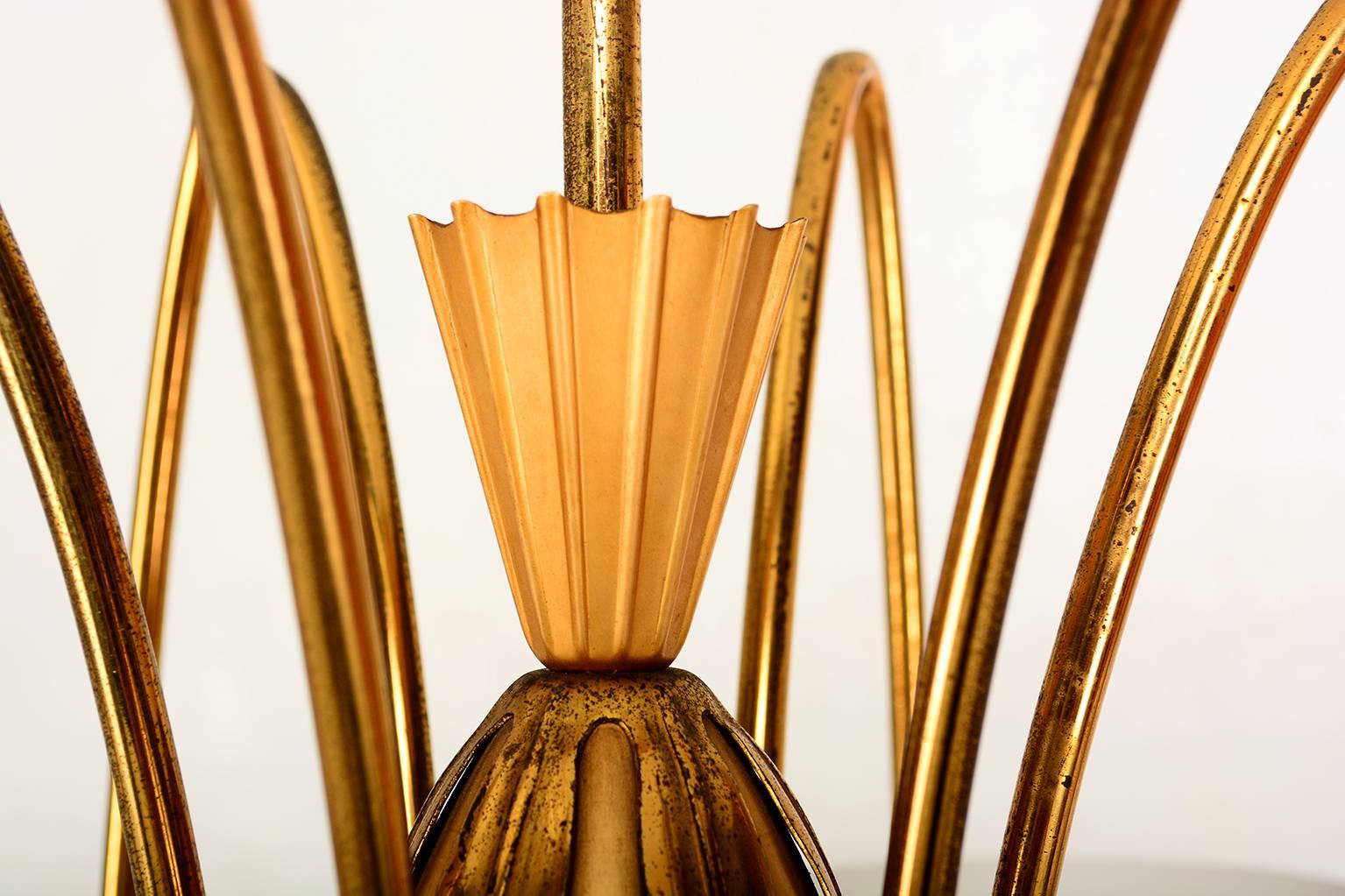 Italian Sculptural Brass Chandelier with Opaline Glass 1