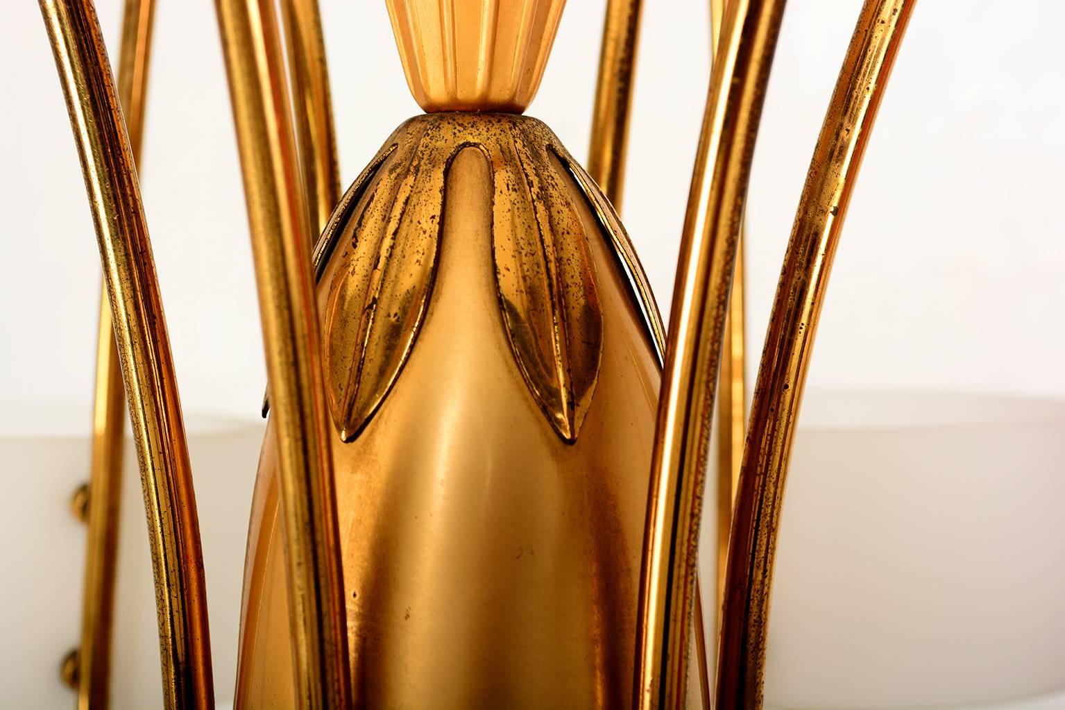 Italian Sculptural Brass Chandelier with Opaline Glass 2