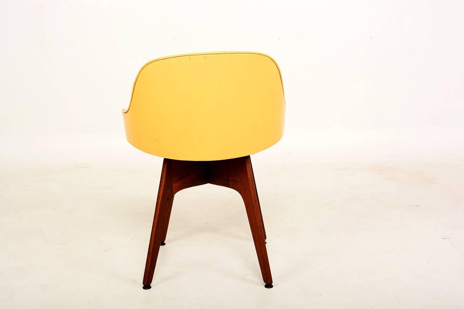 Mid-Century Modern 1960s Mod Yellow Swivel Chair Solid Walnut Base Style Dunbar