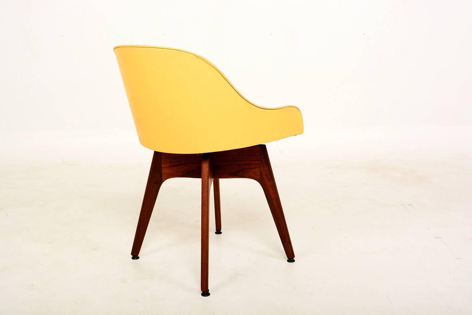 American 1960s Mod Yellow Swivel Chair Solid Walnut Base Style Dunbar