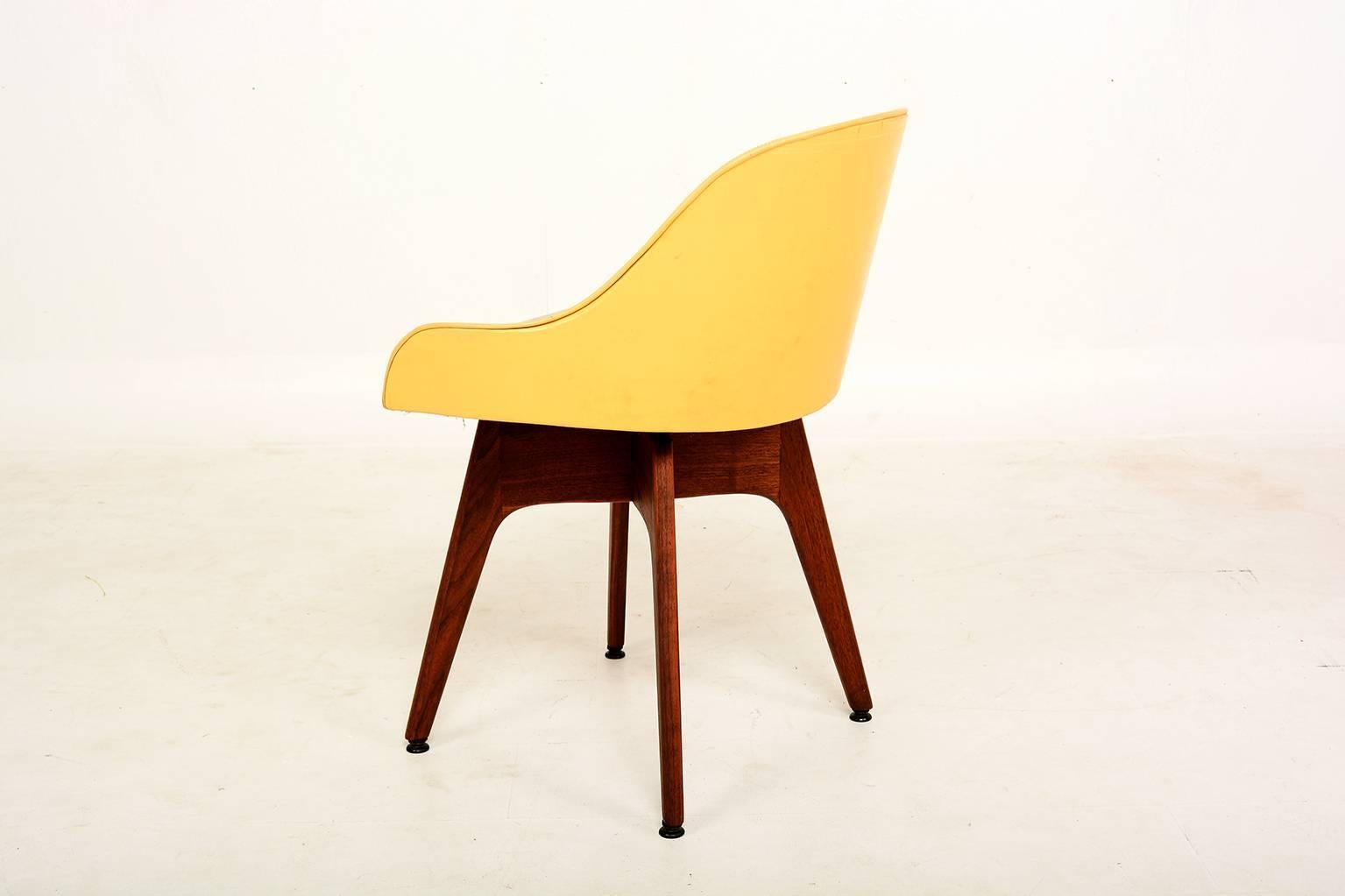 Mid-20th Century 1960s Mod Yellow Swivel Chair Solid Walnut Base Style Dunbar