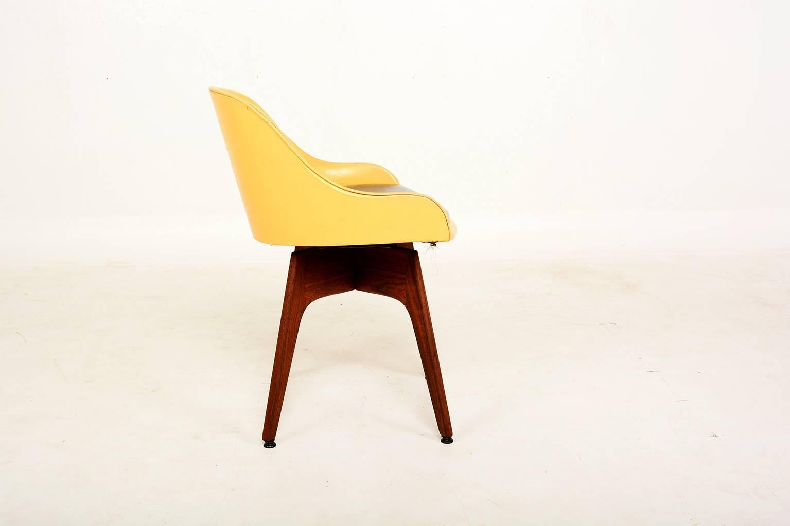1960s Mod Yellow Swivel Chair Solid Walnut Base Style Dunbar 1