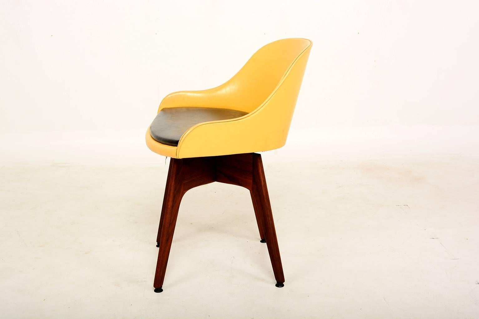 1960s Mod Yellow Swivel Chair Solid Walnut Base Style Dunbar 2