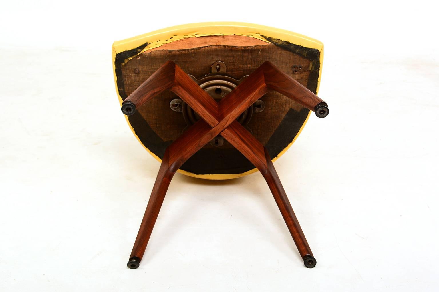 1960s Mod Yellow Swivel Chair Solid Walnut Base Style Dunbar 3