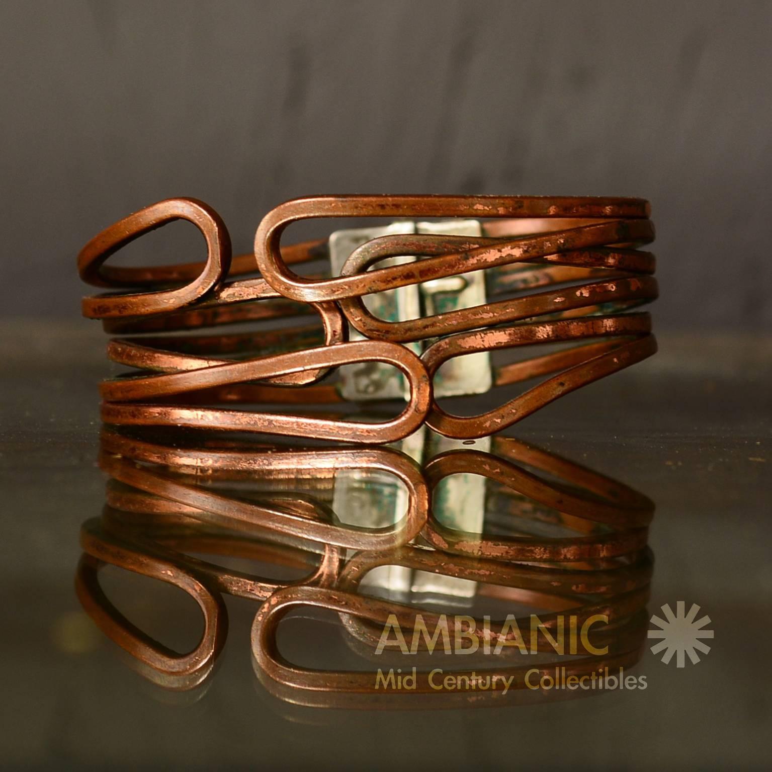 Mid-Century Modern Copper & Sterling Hand Made Modernist Cuff Bracelet Rame 2