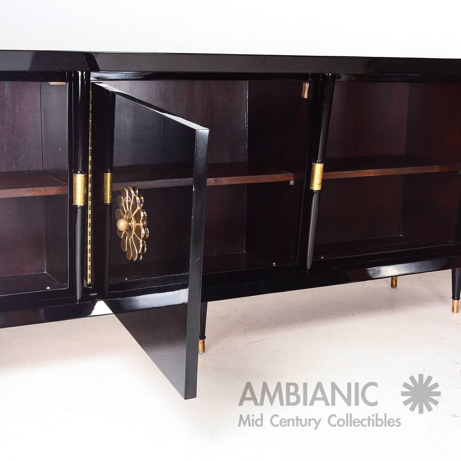 Mid-Century Modern Mexican Modernist Credenza in Black Lacquer with Brass and Goatskin Accents