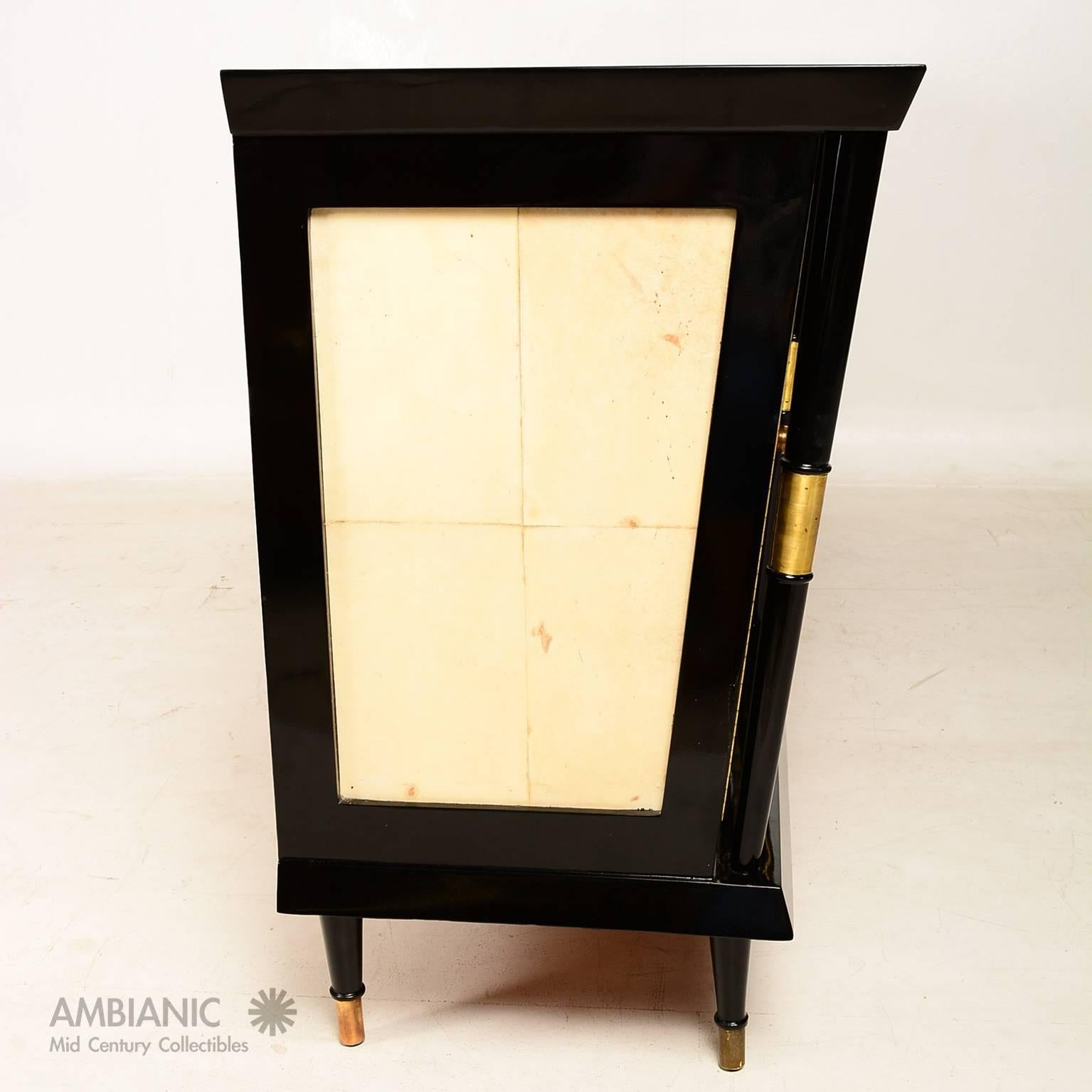 Lacquered Mexican Modernist Credenza in Black Lacquer with Brass and Goatskin Accents
