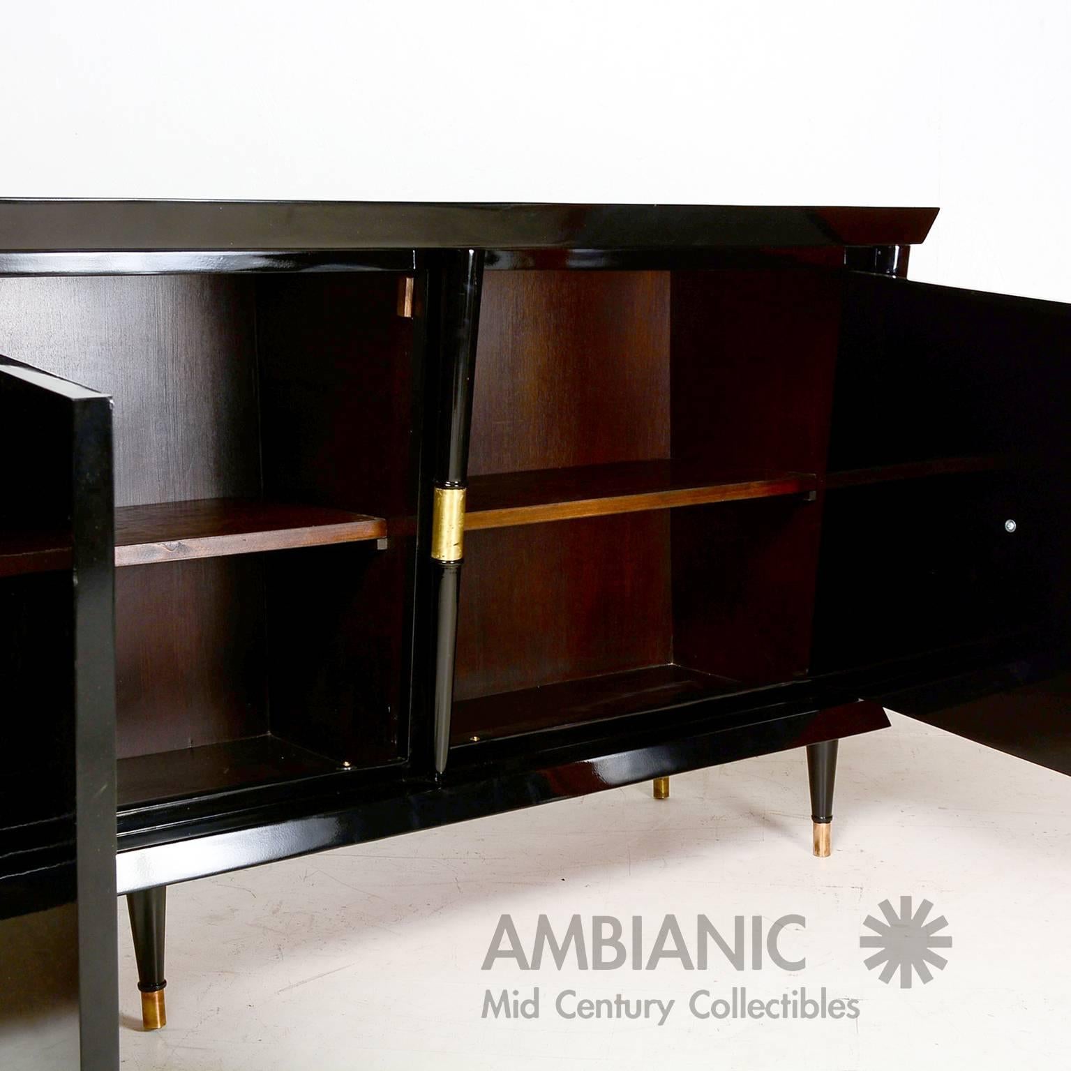 Mid-20th Century Mexican Modernist Credenza in Black Lacquer with Brass and Goatskin Accents