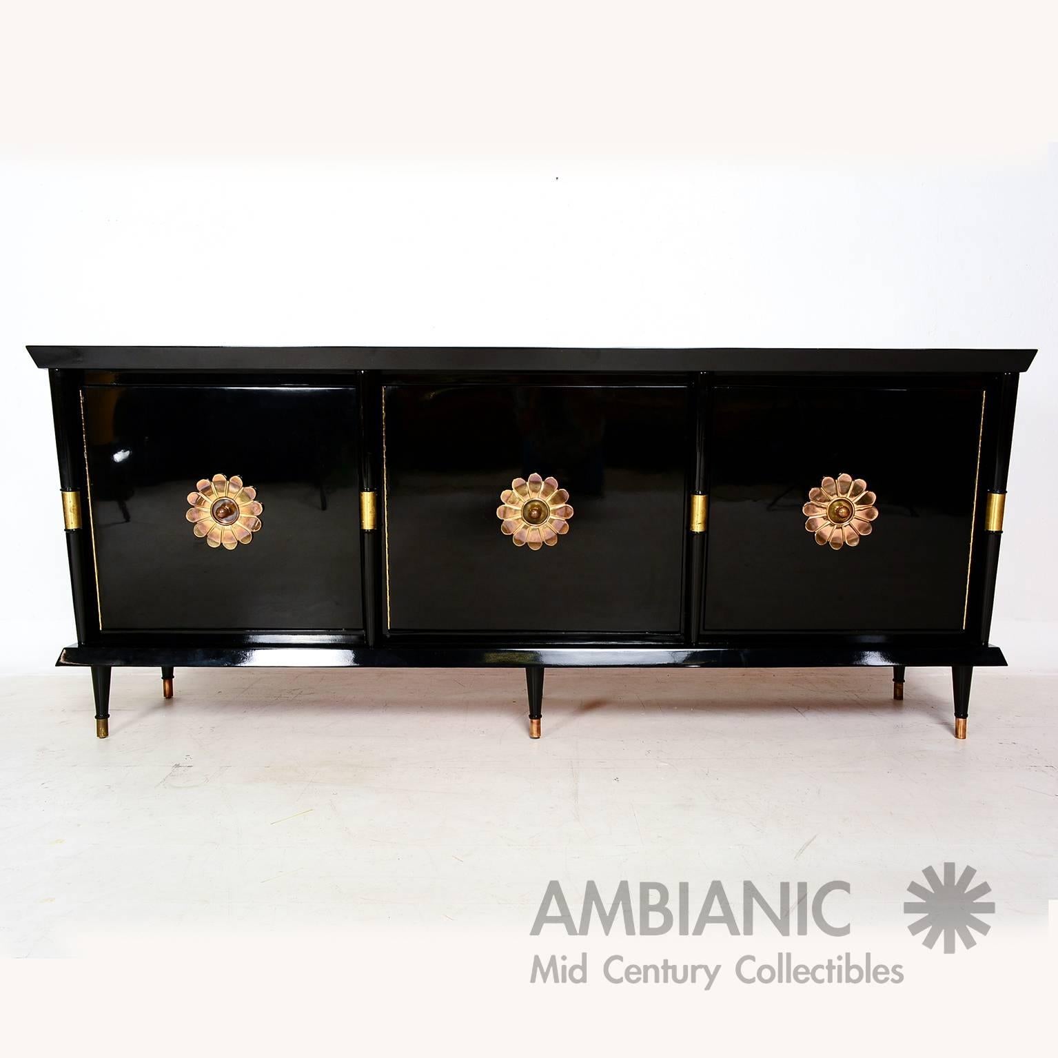 Mexican Modernist Credenza in Black Lacquer with Brass and Goatskin Accents 1