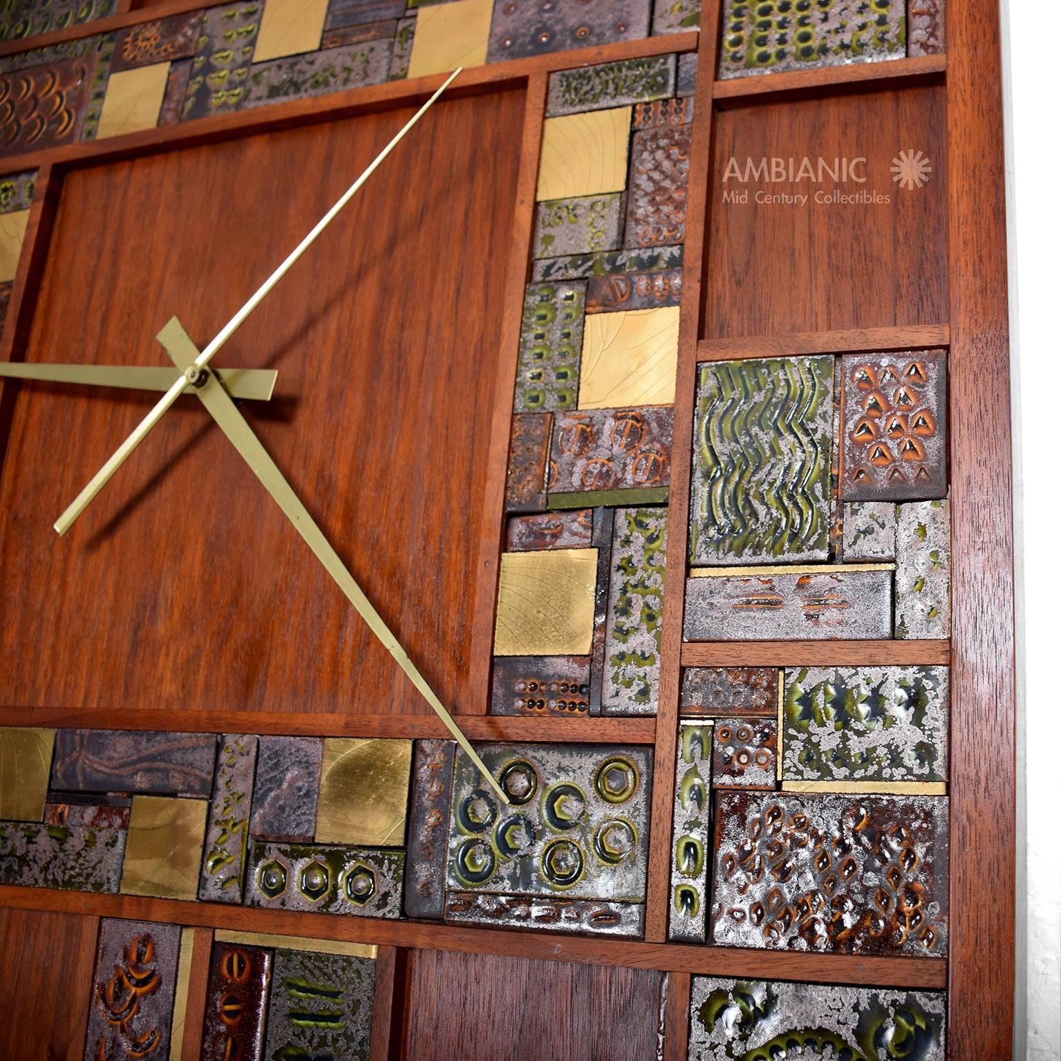 Brutalist Danish Modern Teak and Tile Brutalist Wall Clock, Extra Large 1