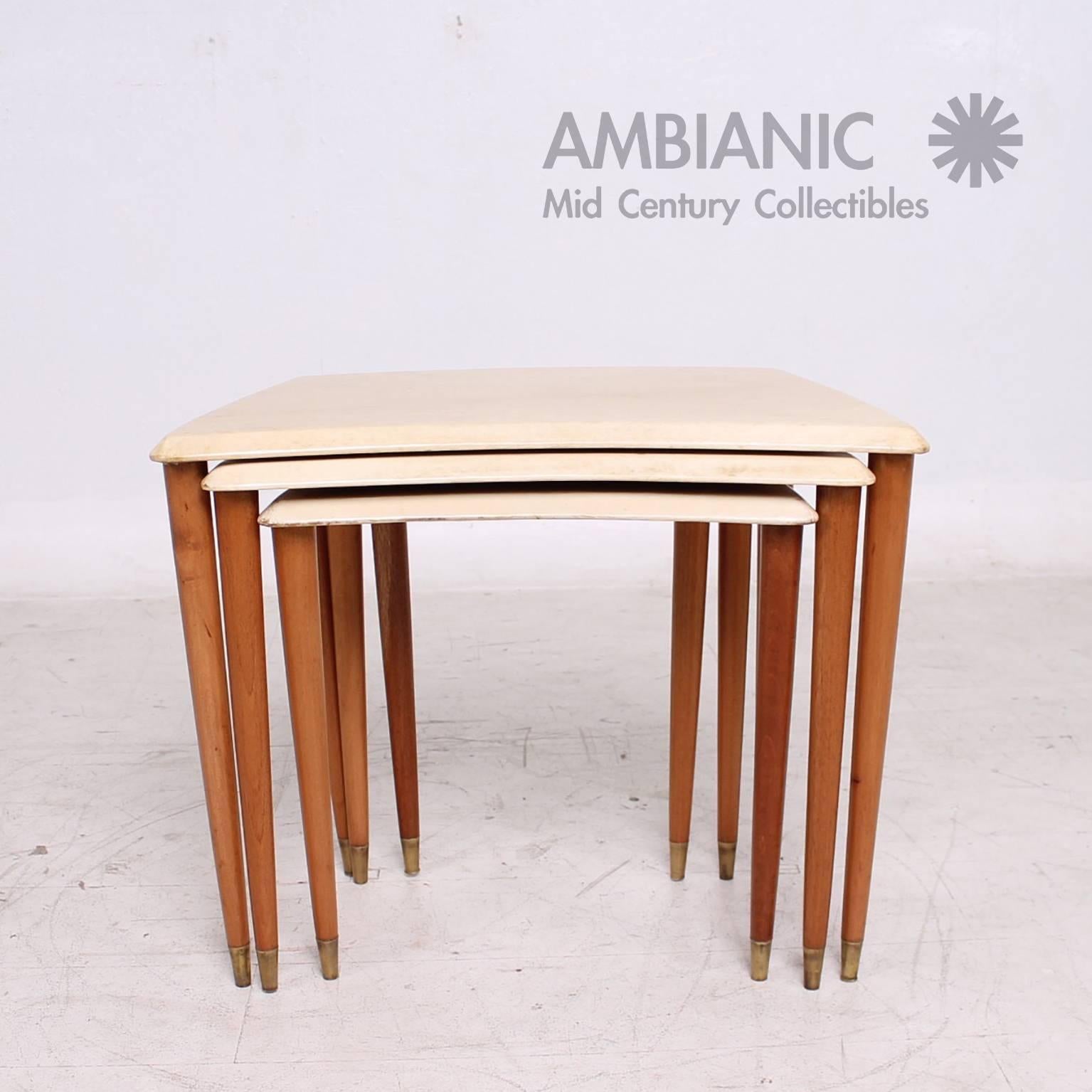 Unknown Mid-Century Modern Nesting Tables in Goatskin and Mahogany Wood