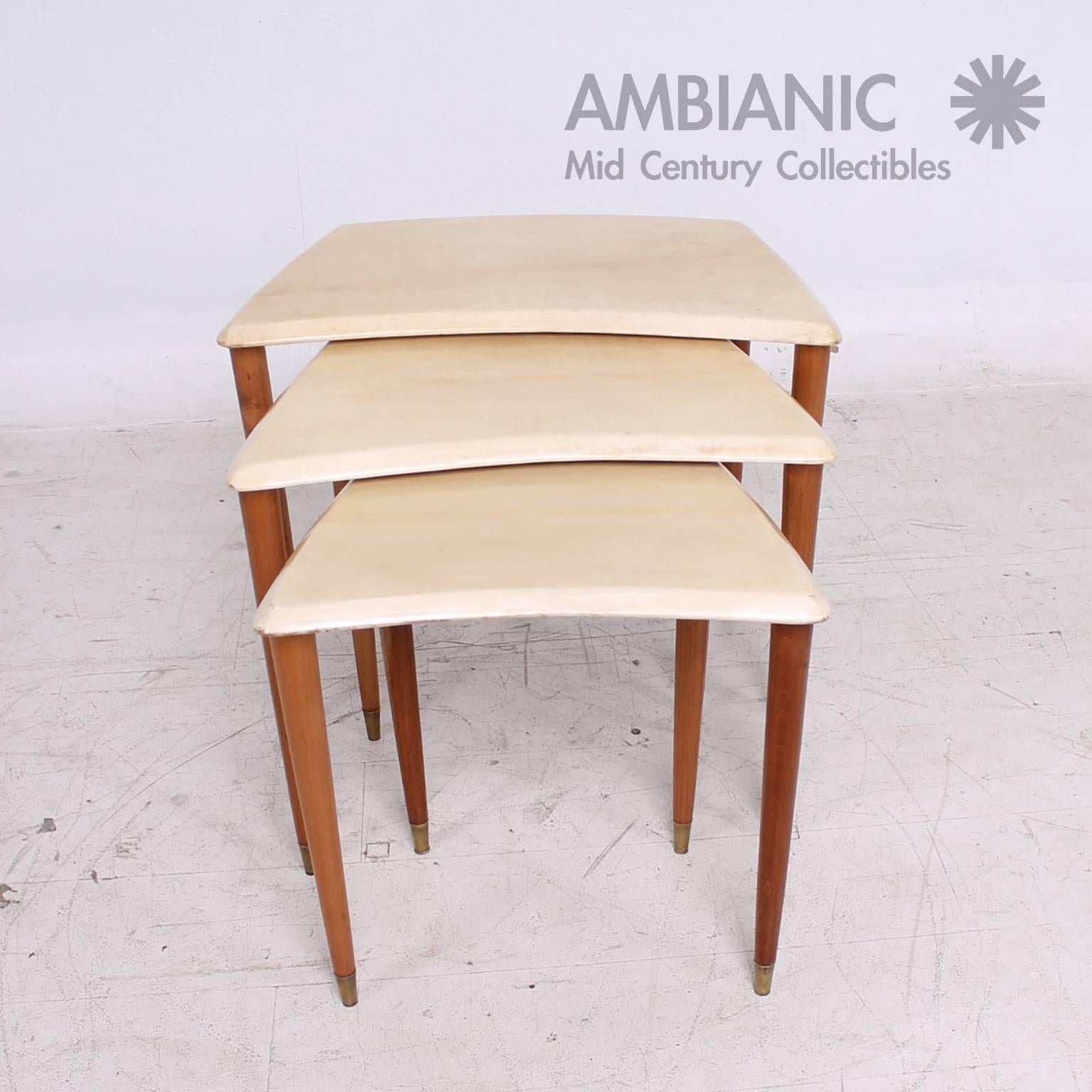 Mid-Century Modern Nesting Tables in Goatskin and Mahogany Wood 1