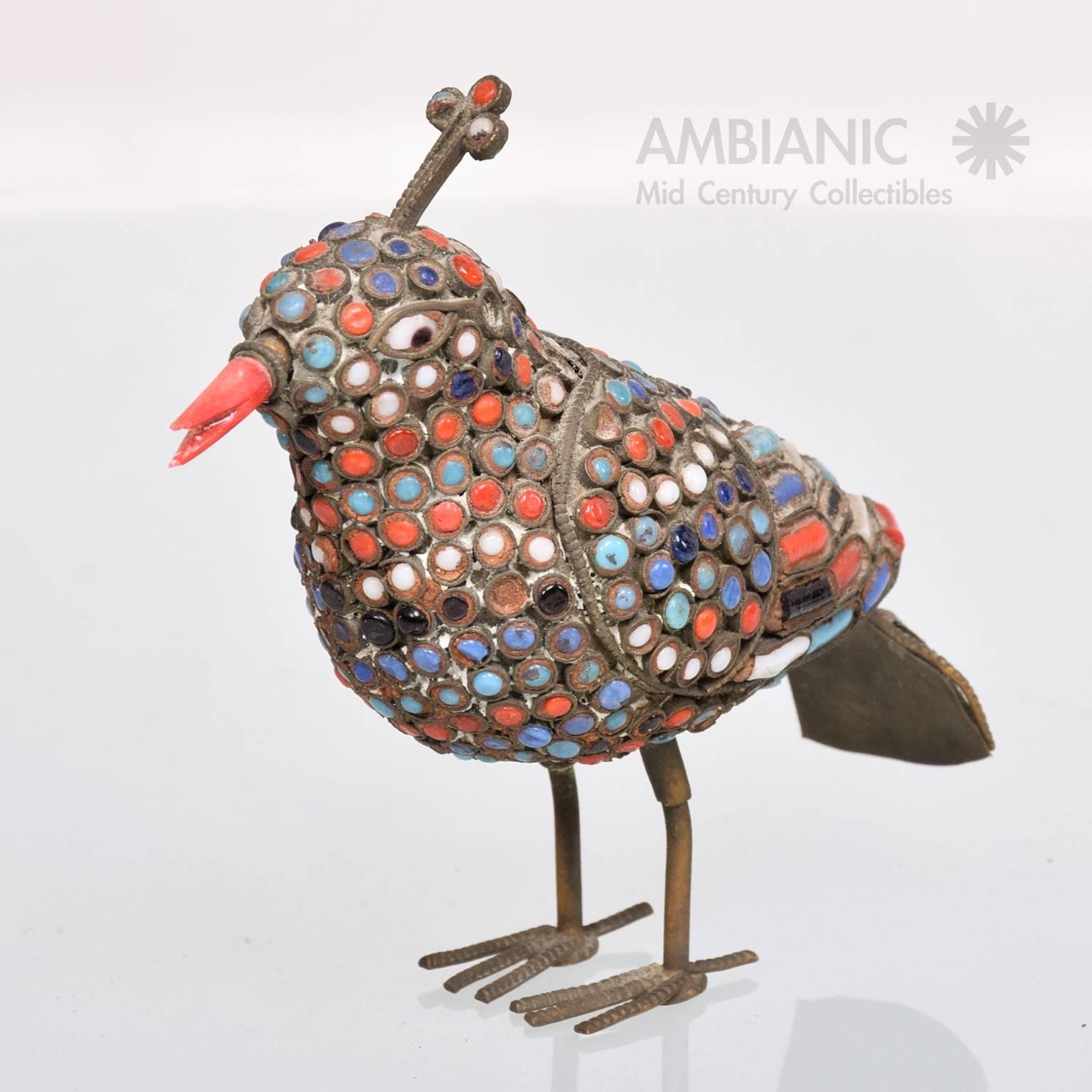 Multi-gemstone Antique Bird Sculpture with Colred Stones