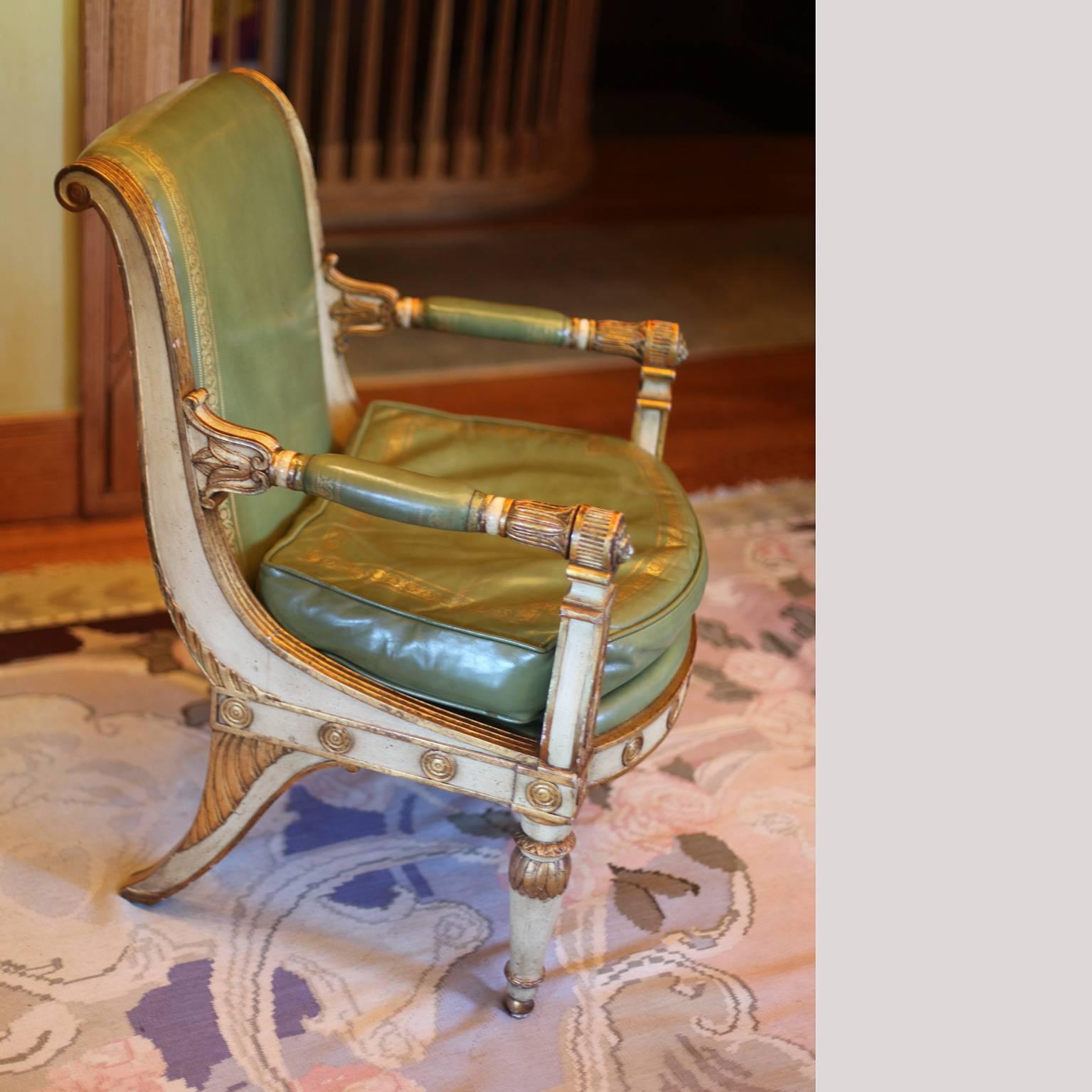 French Antique Hollywood Regency Leather Armchair White Empire