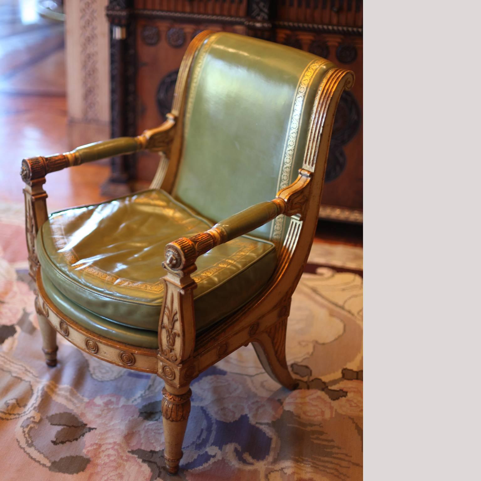 For your consideration a beautiful White Empire armchair with mahogany wood frame. Regency ornamentation. Antique white with golf leaf accents. Green leather has gold ornamentation as well. 

Amazing chairs. Six chairs are available. Price per