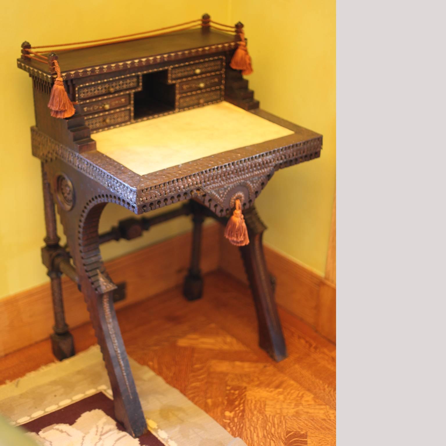 We are pleased to offer for your consideration a desk by Carlo Bugatti. I have the matching chair in another posting. Visit our dealer page to view all the Bugatti items available in our collection.

Dimensions: 38 3/8